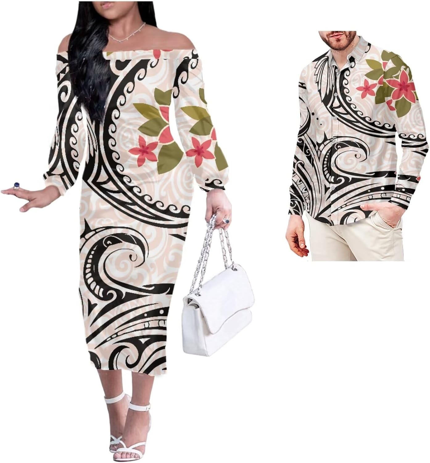 Tribal Polynesian American Samoa Print Off Shoulder Dress Match Men Shirts Party Club Couple Set 2Pcs Outfits
