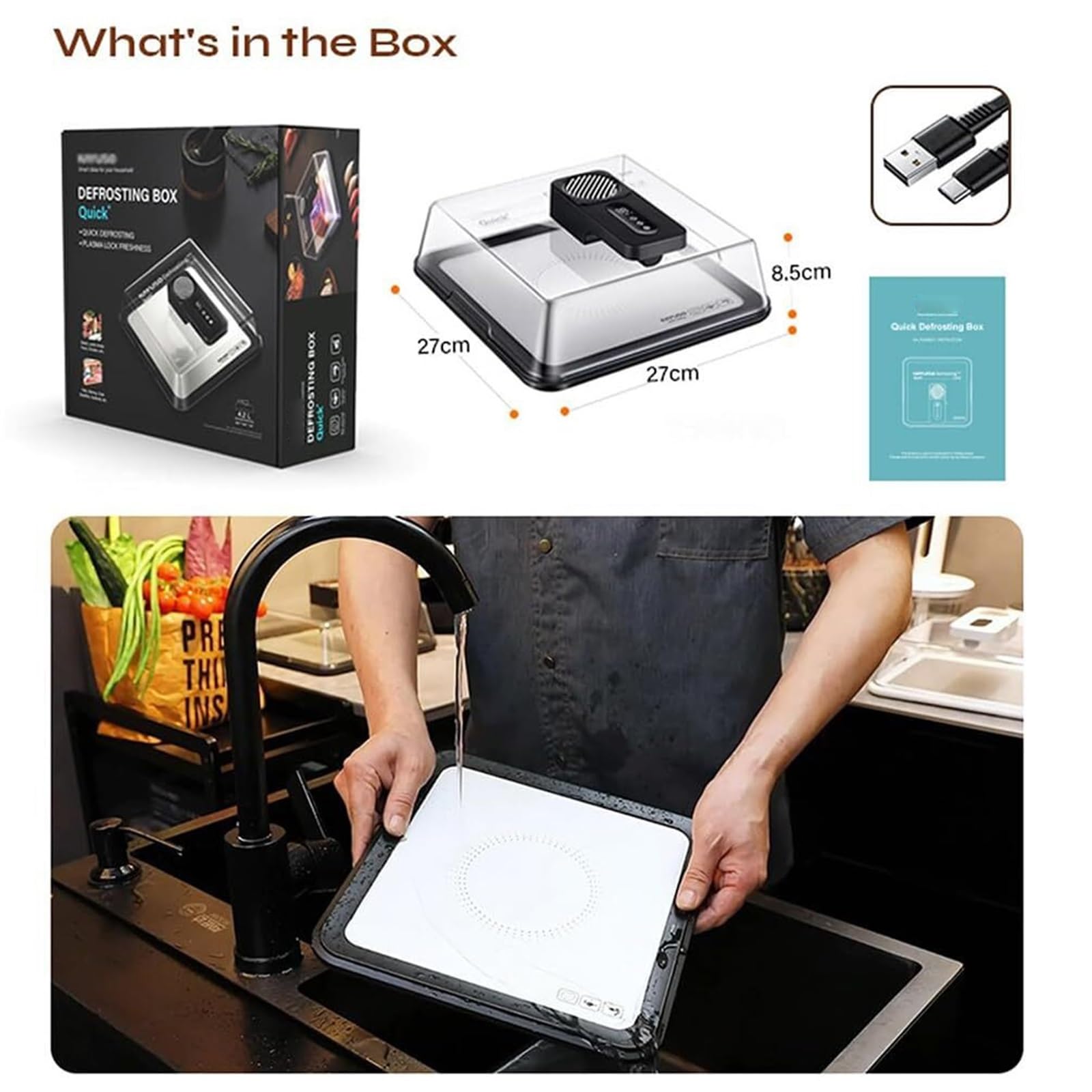 Vassoio elettrico ricaricabile per scongelare carne con tecnologia Airflow e coperchio visivo, per bistecca surgelata, pollo, pesce, gamberetti e frutti di mare