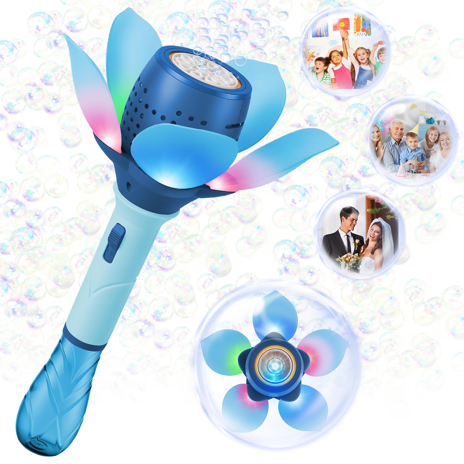 AUAUY Bubble Machine for Kids, Rechargeable Lotus Light Up Bubble Maker