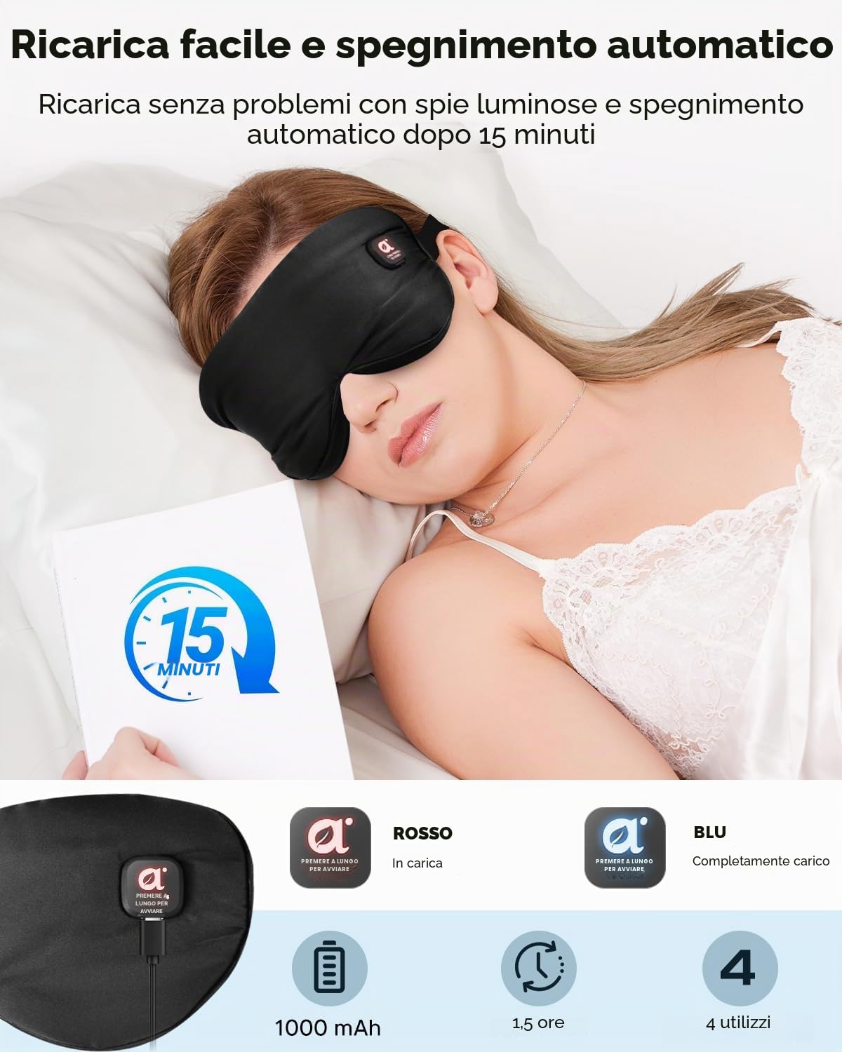 arboleaf Maschera Oculare Riscaldata Senza Fili per Occhi Secchi, Compressa Oculare Calda Ricaricabile con Batteria Ricaricabile da 1000 mAh, Controllo Della Temperatura, Blocco Della Luce