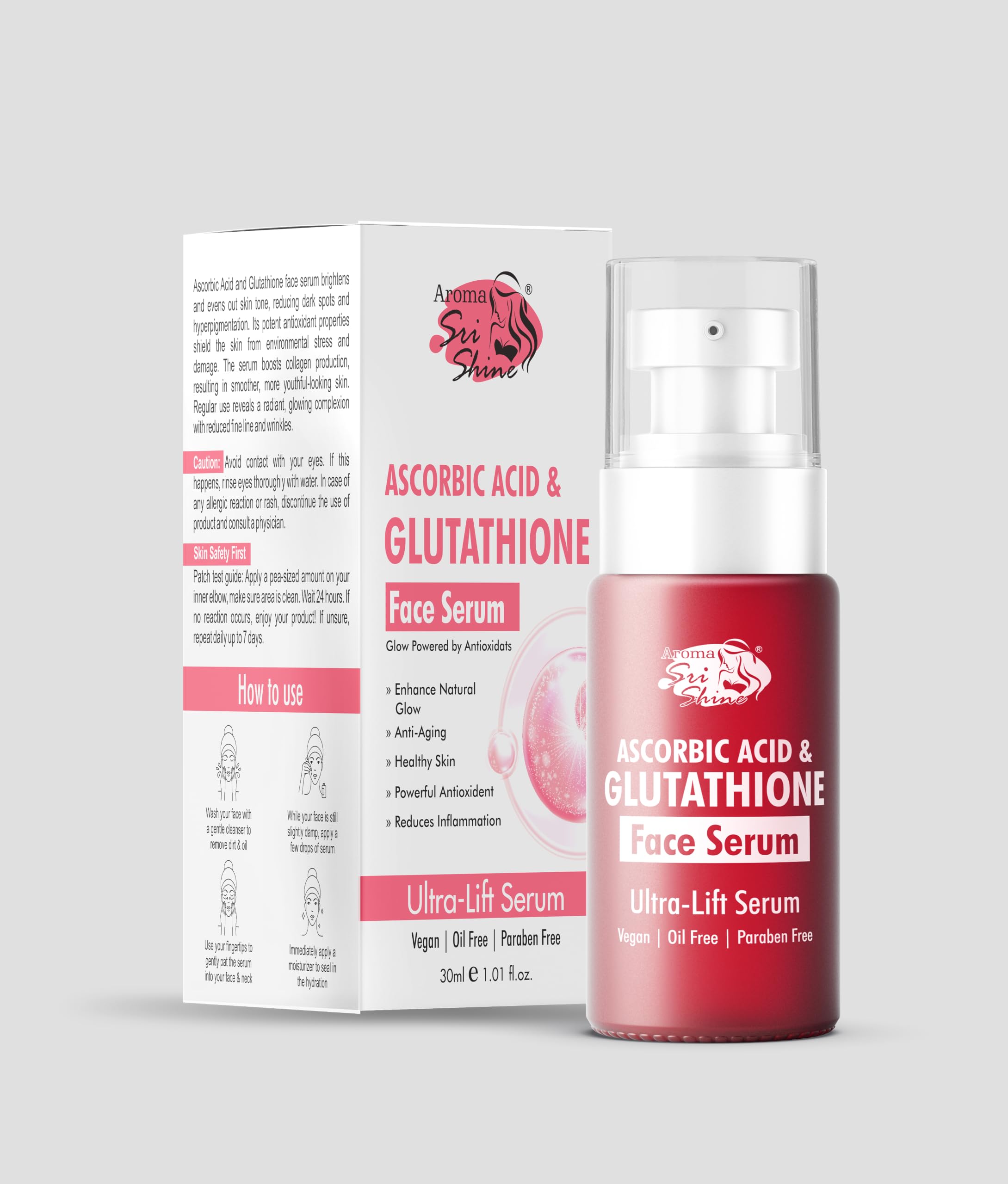 Ascorbic Acid & Glutathione Face Serum 30ml (pack of 1) Brightens and evens out skin tone Reduces the appearance of dark spots and hyperpigmentation 