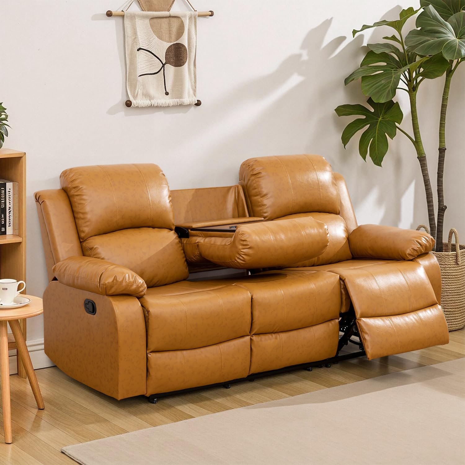 Caberryne Leather Recliner Sofa，Reclining Sofa for Living Room Furniture Sets，Ginger Wall Hugger Recliner Couch with Cupholder for Living Room/Office/