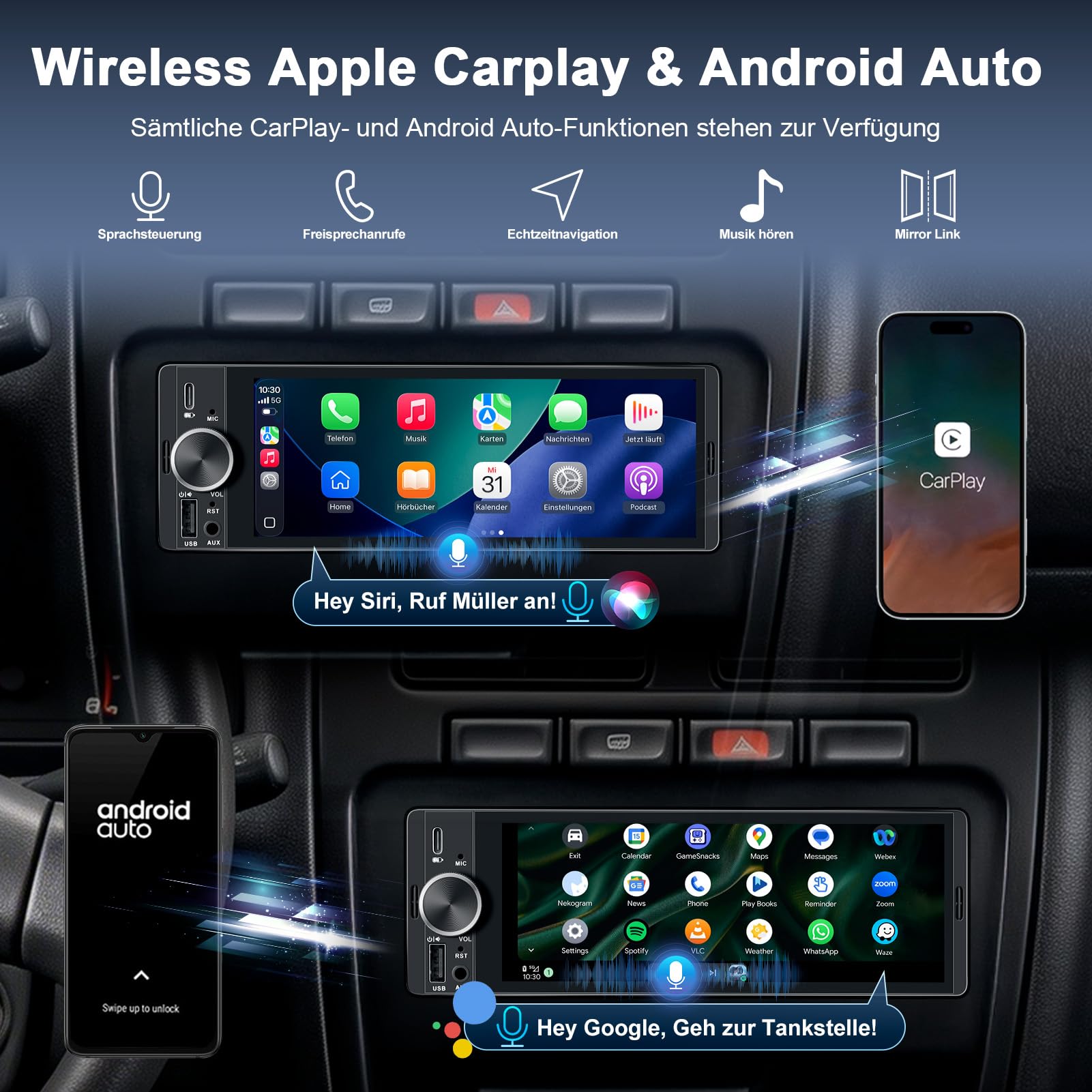 1 DIN Bluetooth Autoradio mit Bildschirm, Single DIN Auto Radio mit Wireless Apple CarPlay Android Auto Navi Rückfahrkamera FM Freisprecheinrichtung Lenkradsteuerung Mirror Link 6,9”Touch Display