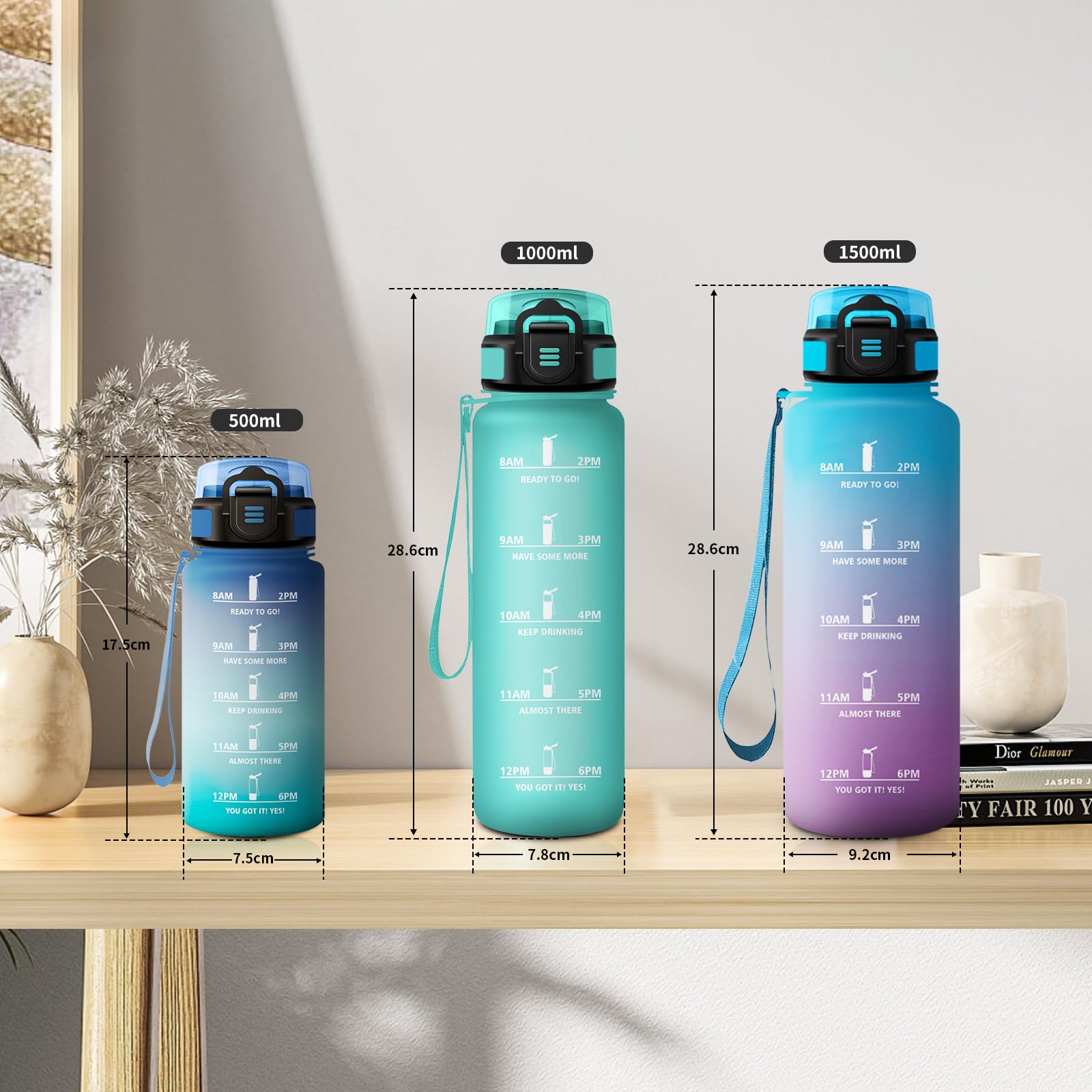 Borraccia Sportiva 1L, Borraccia con Cannuccia, a Prova di Perdite, Facile Pulizia, Bottiglia Acqua Motivazionale con Indicatore del Tempo, per Campeggio, Ciclismo, Scuola, Ufficio, Lavoro, Gym