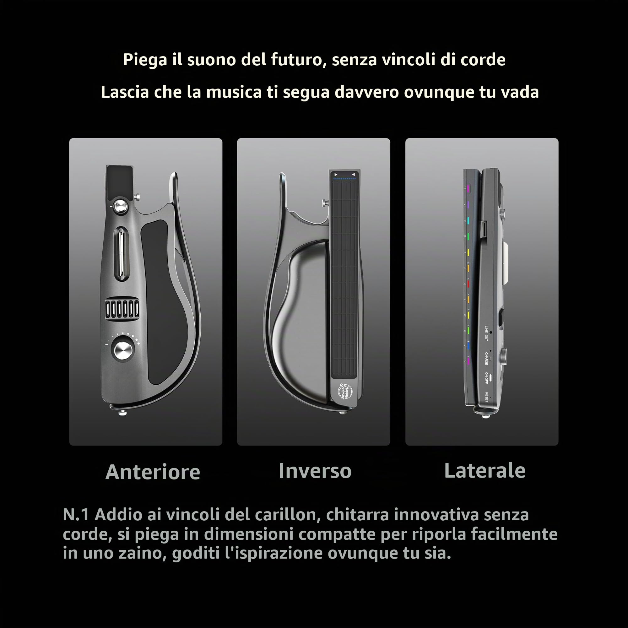 Chitarra intelligente senza corda, portatile e pieghevole con controllo app, generatore di accordi, batteria integrata e altoparlante, 100 toni sonori per principianti e bande, (Nero)