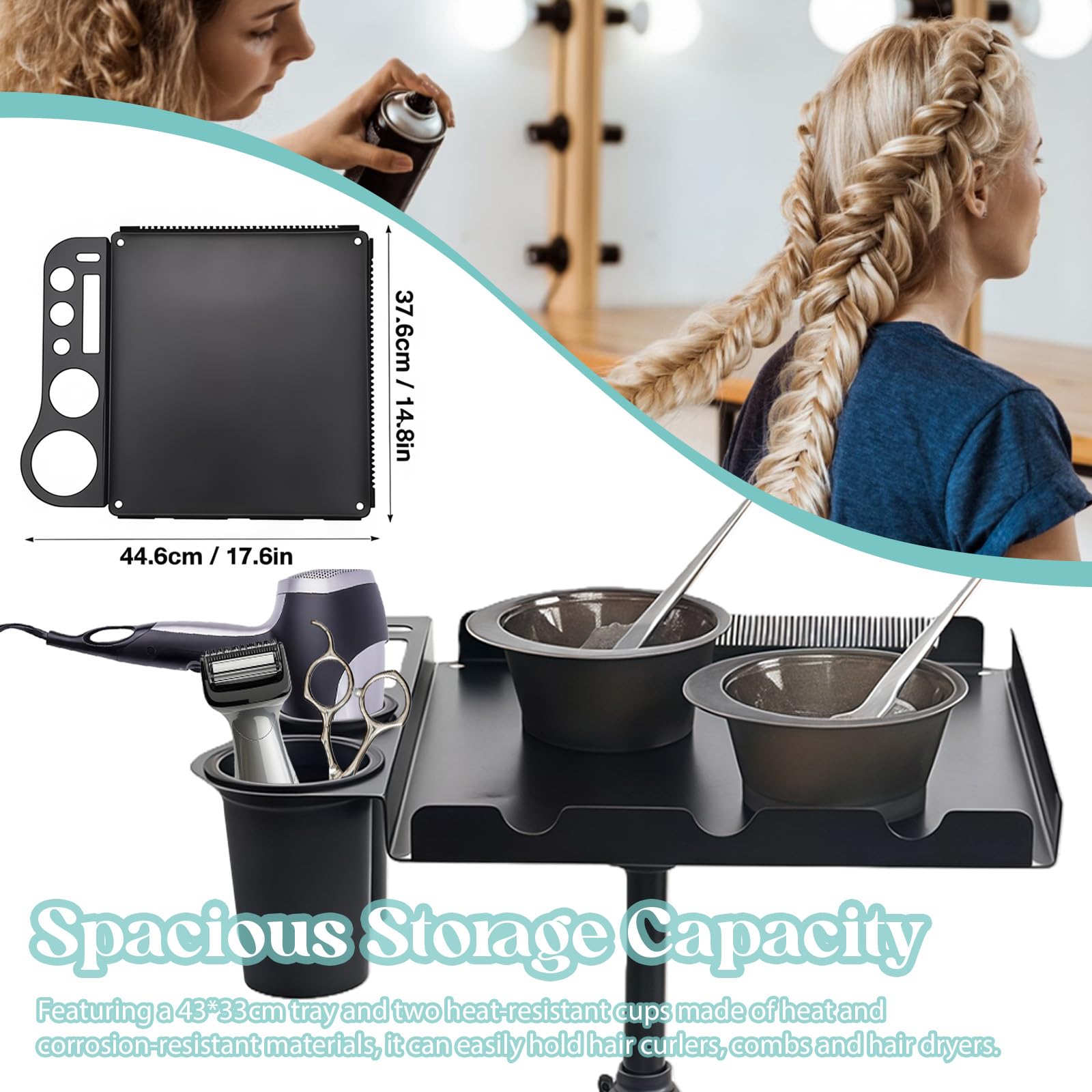 Bandeja de salón con ruedas con soporte, bandeja de servicio de salón ajustable en altura, de acero inoxidable, carrito de salón de peluquería, carrito de peluquería, estación de trabajo de tatuajes