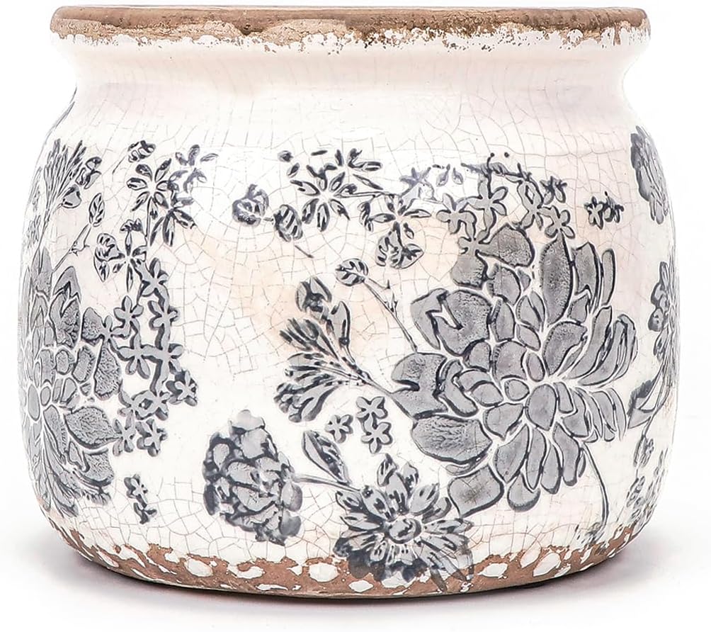 Vintage Grey Ceramic Ice Crack Flower Pot with Drainage Holes, Country Rustic Planters for Indoor and Outdoor,Tuscan Decor,Home,Living Room, Garden Decor, Gardening Gift