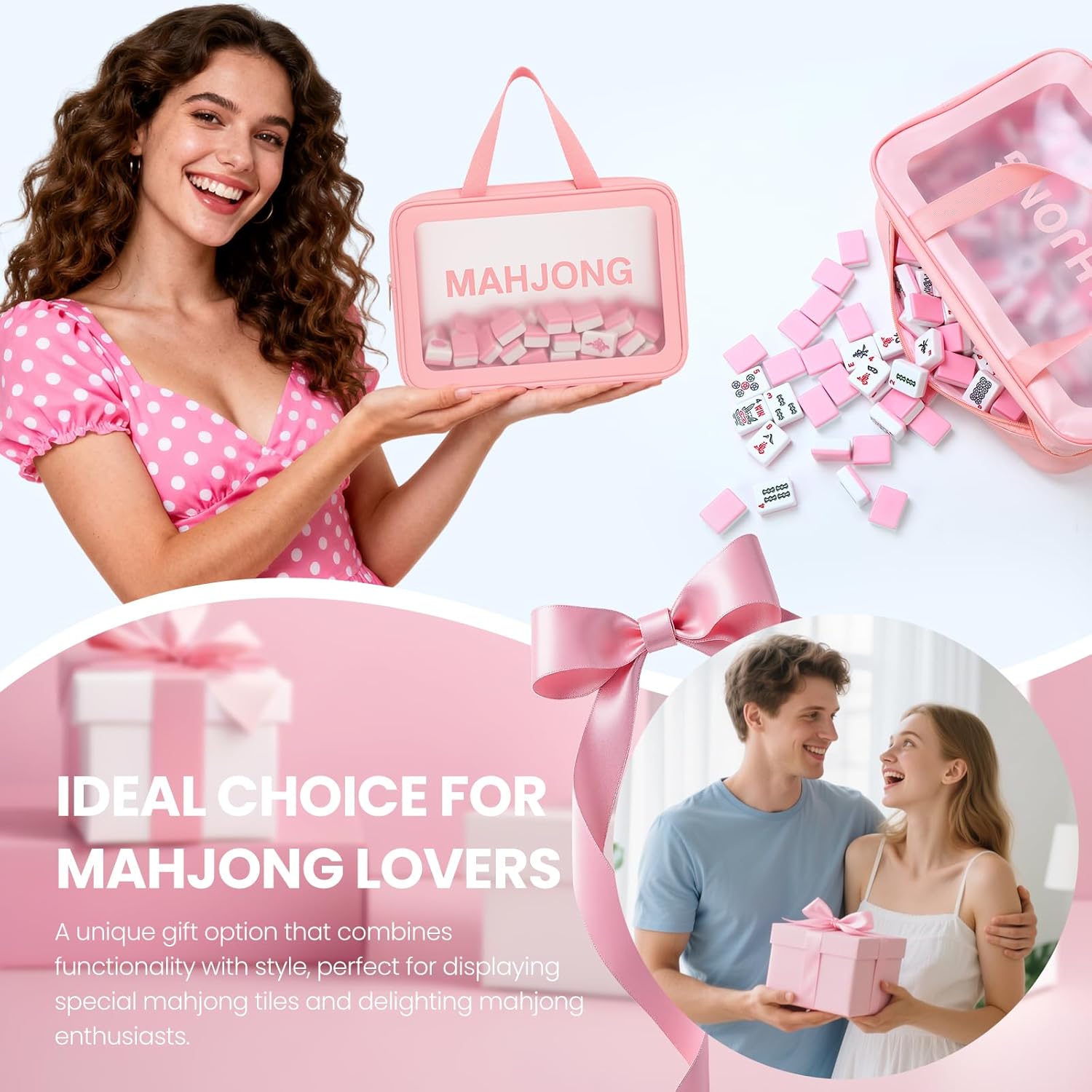 Mahjong Tile Bag, Tile Storage Case for American Mah Jong Set, Durable Mahjong Accessories Gift Pouch, Card Holder Organizer, Pink (Case Only)
