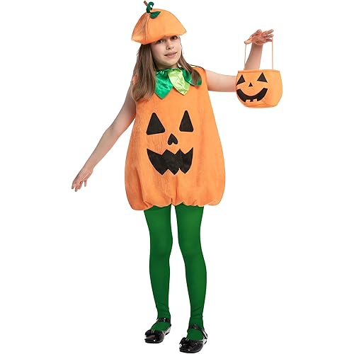 Spooktacular Creations Halloween Pumpkin Costume Kids Child Girls Pumpkin Dress with Hat, Basket for Halloween Dress Up Party