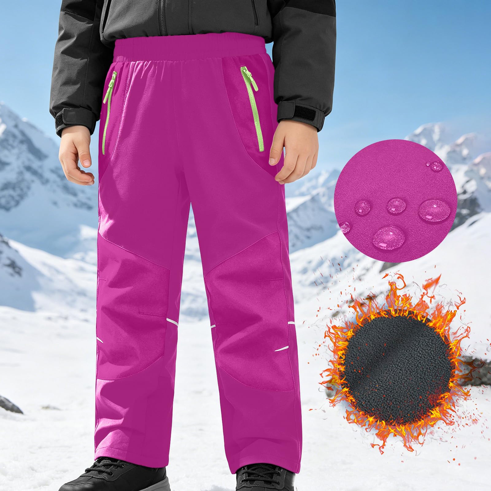 Pantalon Impermeable Niño Niña,Pantalon Cálido con Forro Polar 5-16 años | Pantalones de Esquí para Unisex Niños, Cintura Elástica con Bolsillos, Shoftshell Pantalón Montaña Senderismo Trekking
