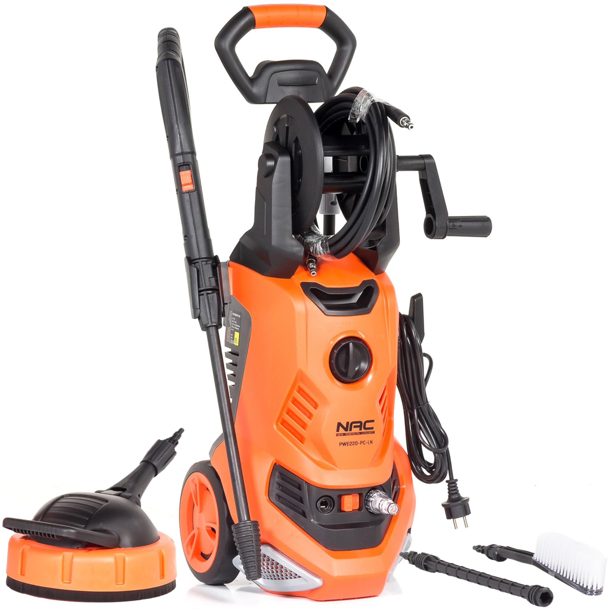 NAC Nettoyeur Haute Pression Portable (11,5 kg) 2200W 170 Bar - Laveur Compact 450 l/h Pompe Aluminium avec Enrouleur Tuyau et Embout Patio Cleaner pour Nettoyage des Surfaces, Voiture et Terrasse