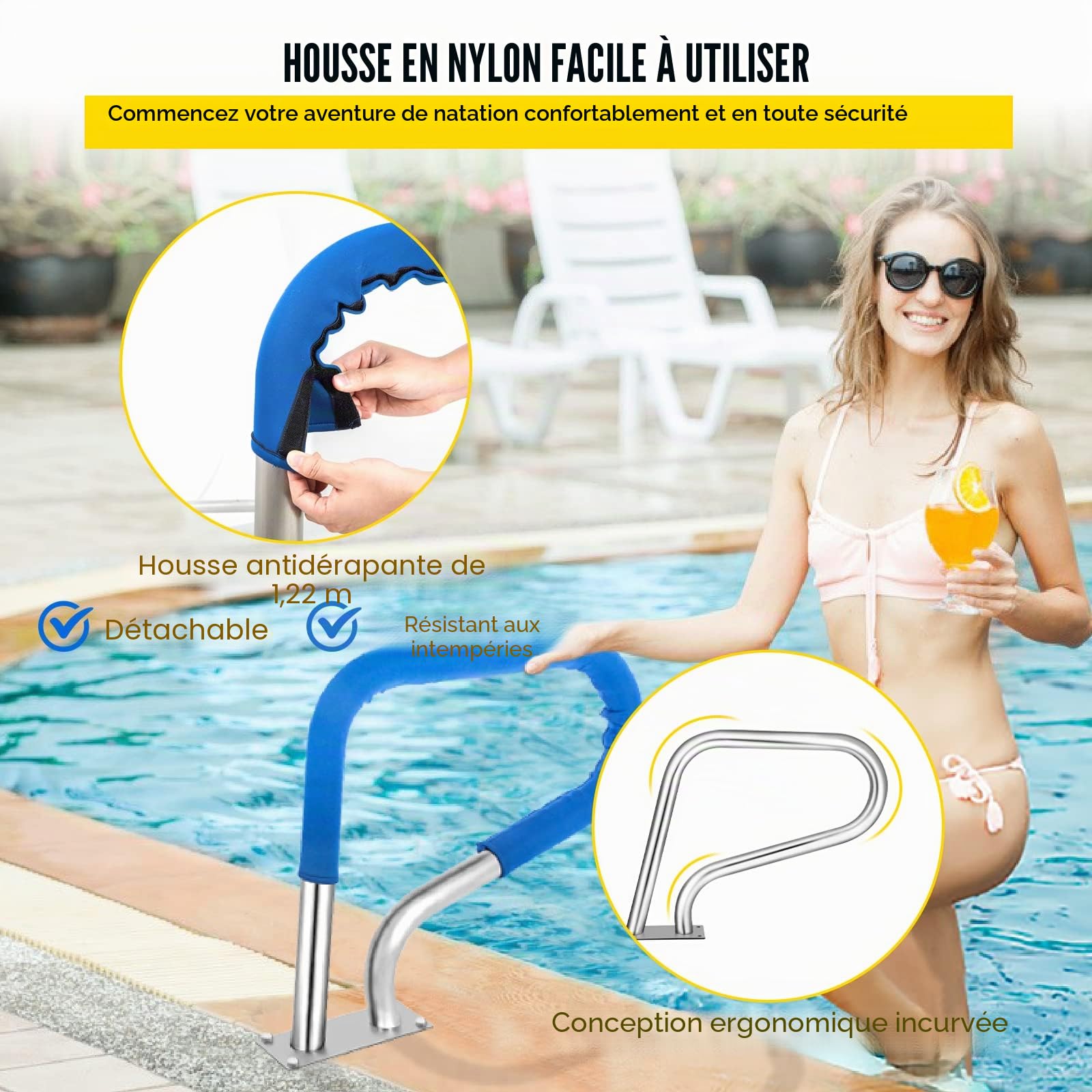 VEVOR Garde-corps de piscine 32x23 en acier inoxydable 304 capacité de charge 250LBS main courante de piscine argentée antirouille, couvercle de poignée bleu et forets M8 et vis autotaraudeuses
