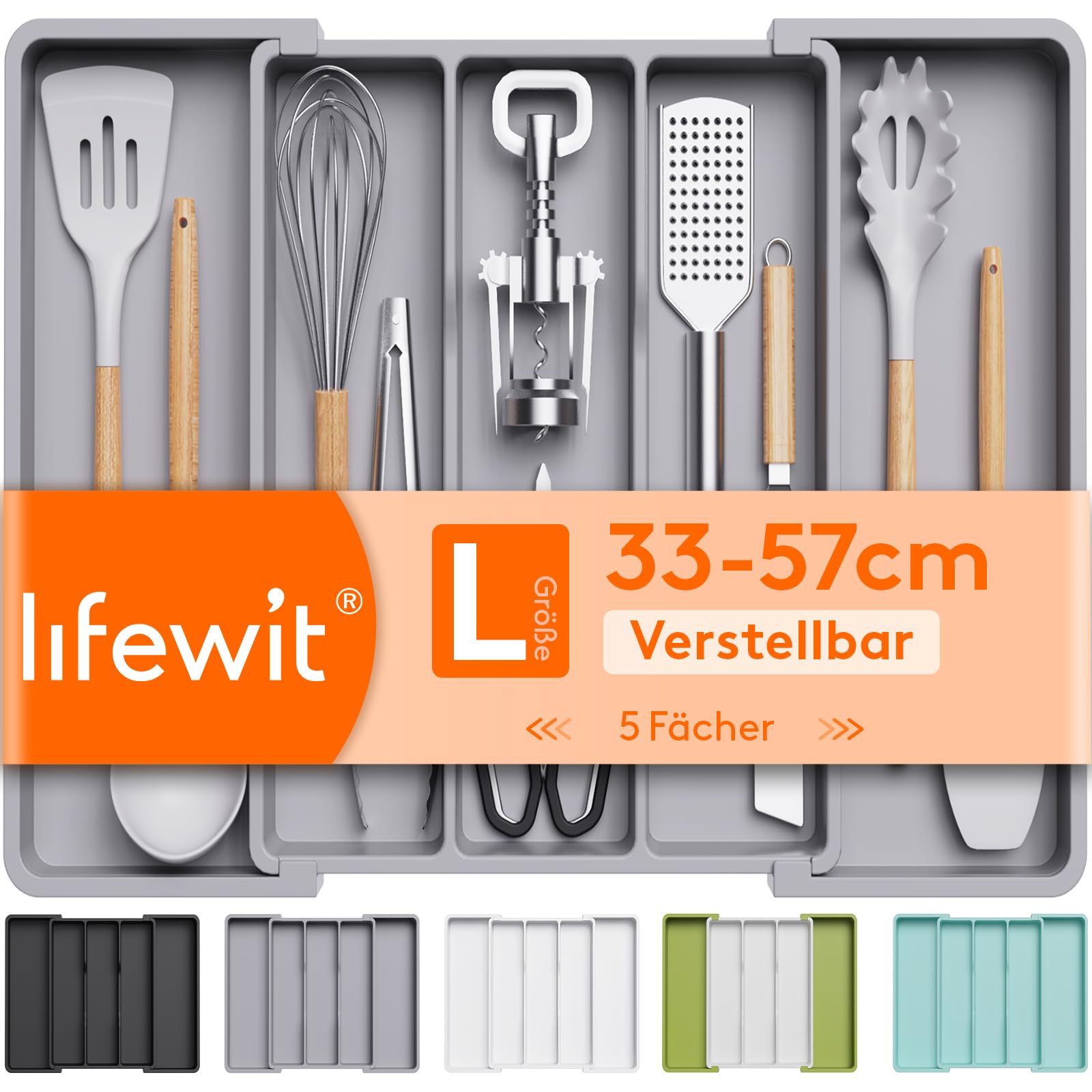 Lifewit Besteckkasten für Schubladen, Großer Utensilienständer, verstellbarer Kunststoff Organizer Küche, Besteckeinsatz für Messer/Gabel
