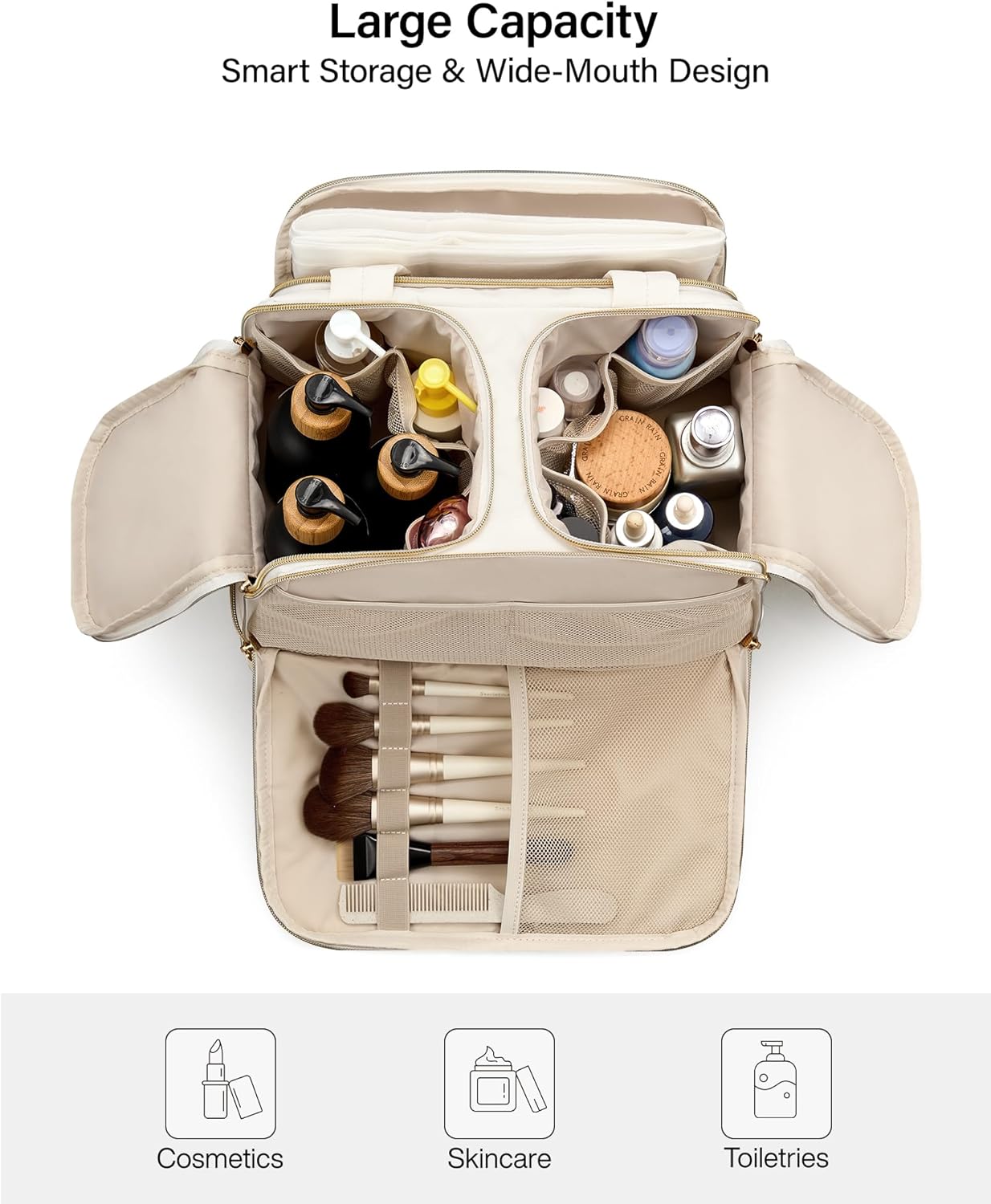 Hanke Travel Toiletry Bag, Lightweight Wide-open Large Toiletry Bags for Women, Dual-Layer Makeup Bag Water-Resistant Cosmetic Travel Bag with Handle for Accessories, Essentials, Off White