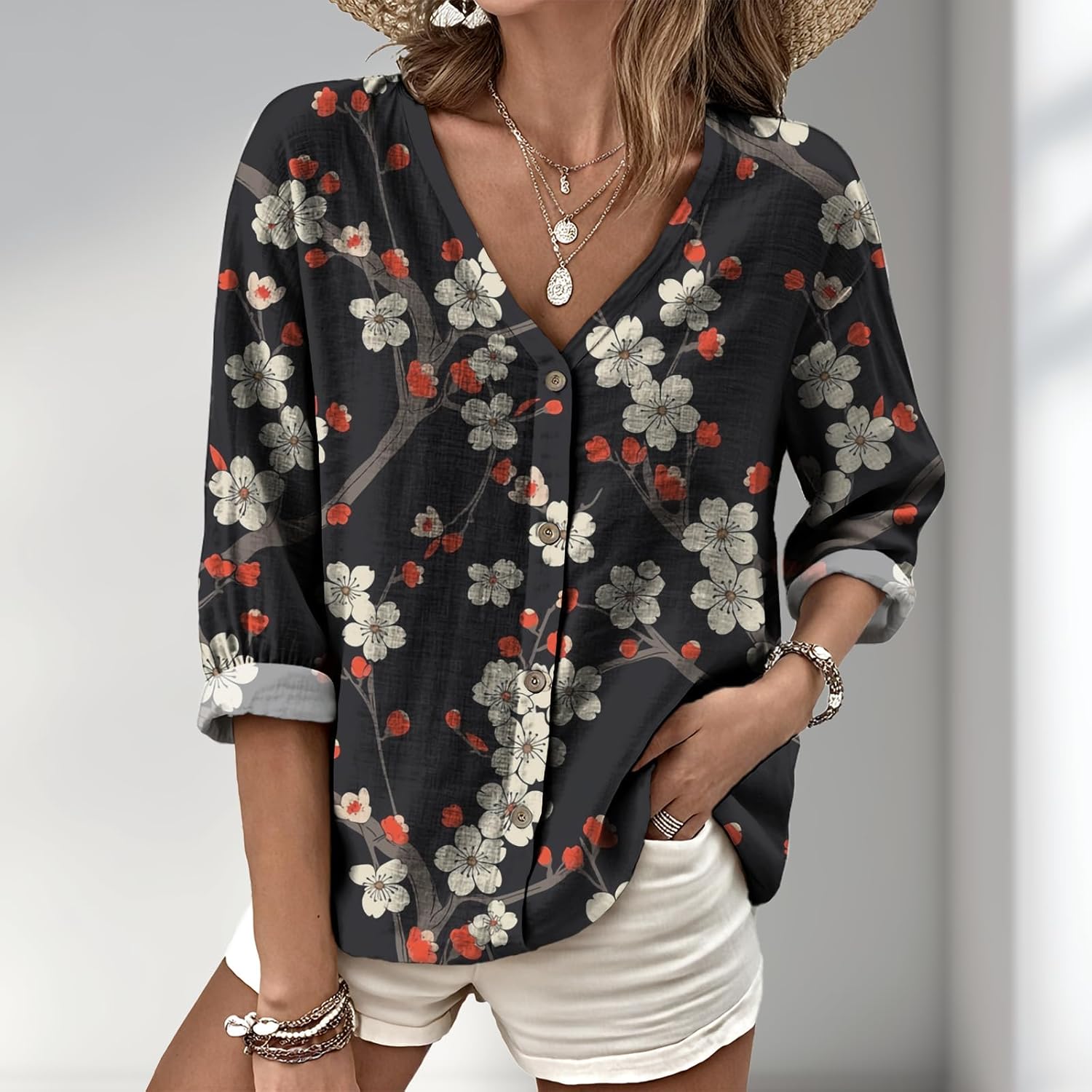 Graphic Tees for Women Summer Boho Print Vintage Trendy V Neck Button Roll Up 3/4 Sleeve Flowy Casual Shirts - Image 2