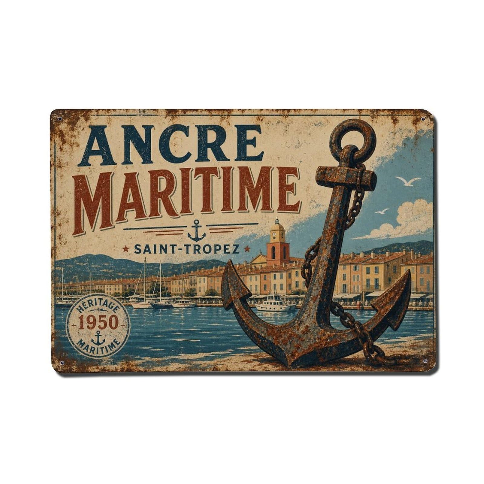France Harbor Maritime Retro Fishing Village Metal Tin Sign Plaque Wall Decor for Cafe, Man Cave, Club Bar, Office, Home Garden Round Metal Poster 8x12Inch