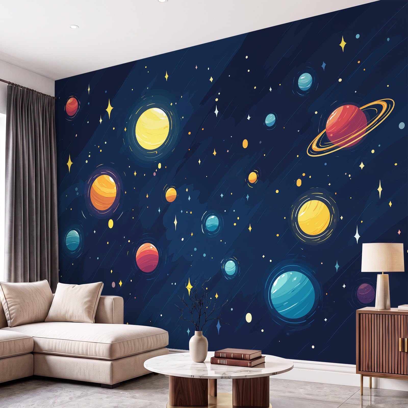 Générique Panoramiczna tapeta z niebieskim rysunkiem w gwiazdki o północy dziecka 300 x 210 cm (szer. x wys.) gigantyczny plakat ścienny, dekoracja ścienna premium, do salonu, pokoju dziecięcego i