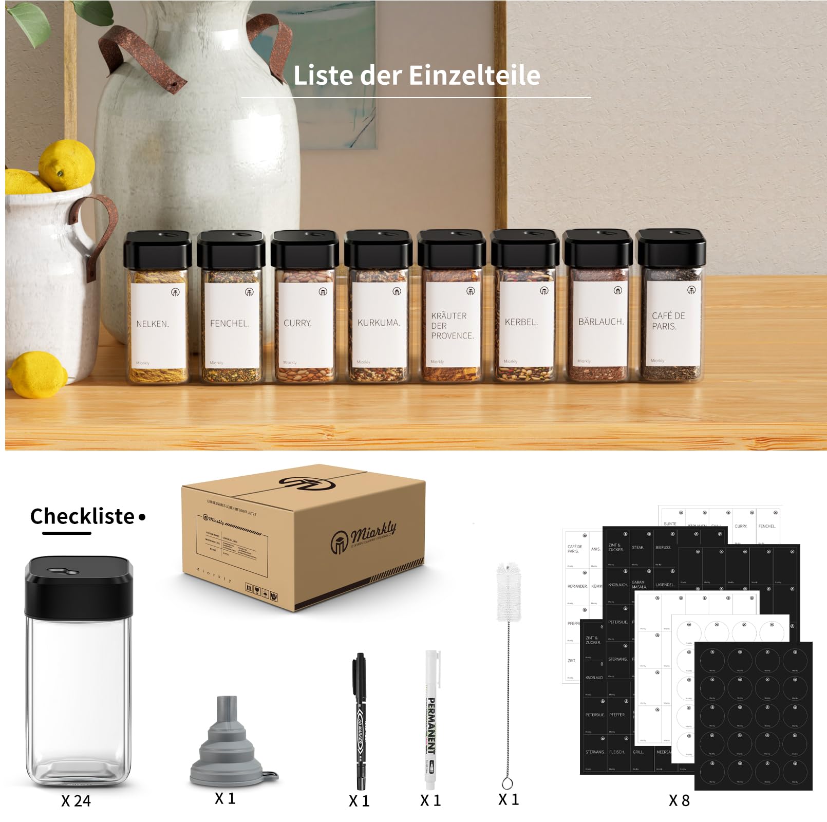 Lot de 24 pots à épices carrés avec couvercle en bois avec étagère en bois [24 x 120 ml] – Étagère à épices avec boîtes à épices – Organiseur à épices – Épices en verre avec étiquettes