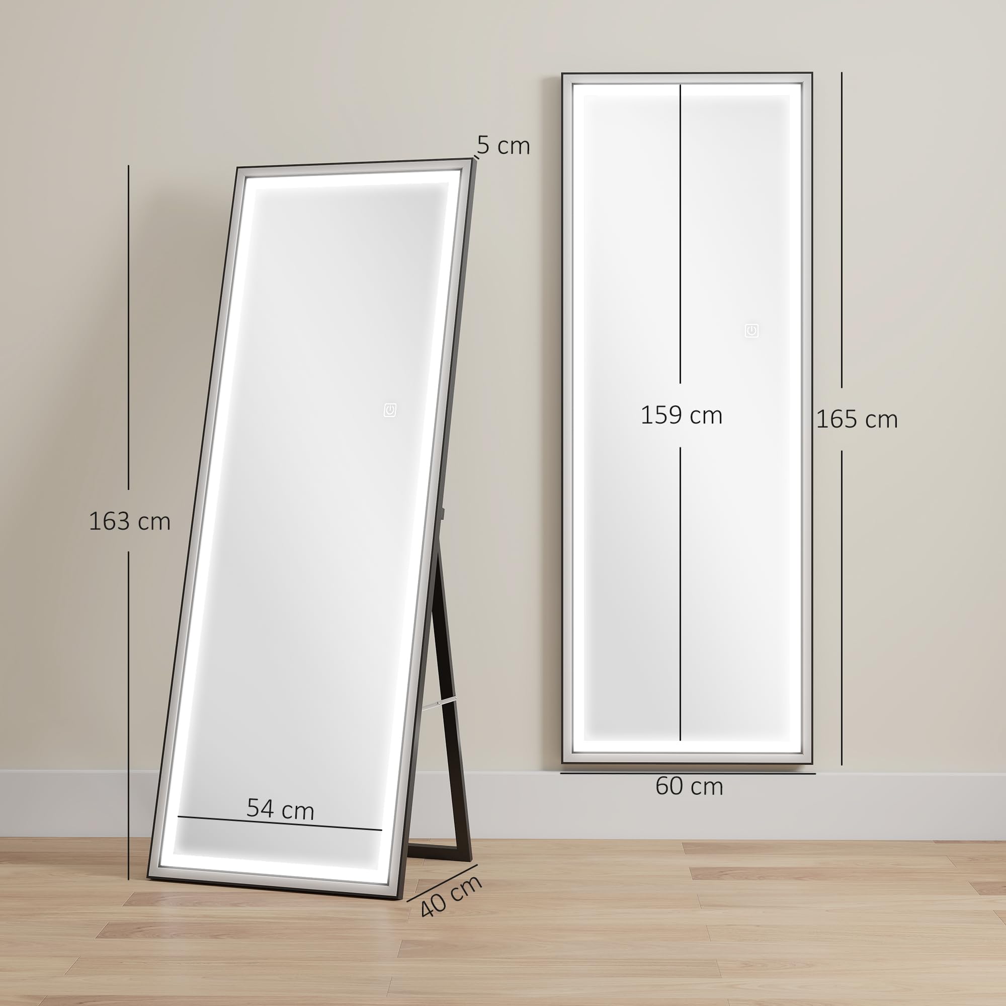 HOMCOM Espejo de Pie Cuerpo Entero con Luces, 165x60 cm, Espejo de Cuerpo Entero, 3 Temperaturas de Color, Brillo Ajustable, Independiente, Apoyado y de Pared, para Dormitorio, Salón, Blanco y Negro