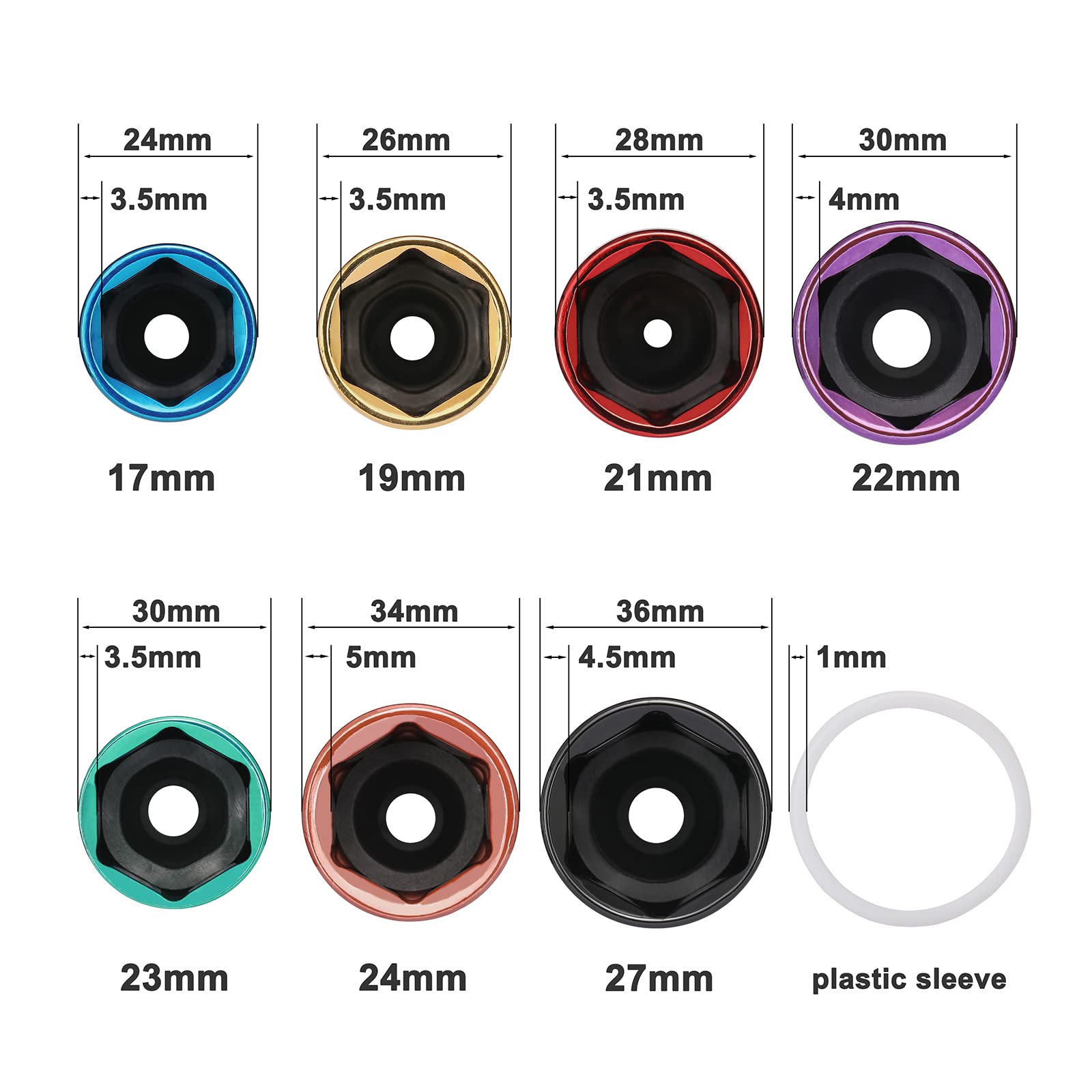 Mayouko Juego de 7 llaves de vaso de impacto profundo de 1/2 pulgada, protector de llanta de rueda de pared fina, código de color, métrico, CR-MO
