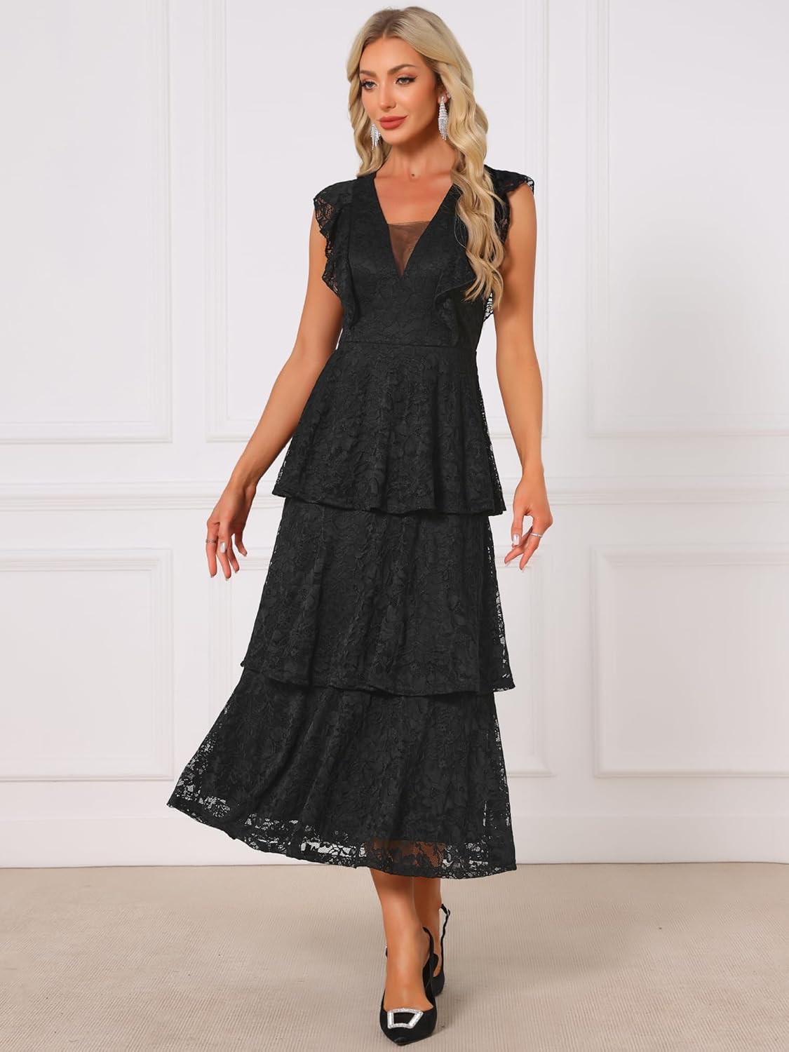 Women's Lace Dress for Wedding Guest Cocktail Evening Ruffle Cap Sleeves Tiered A-Line Maxi Dresses - Image 3