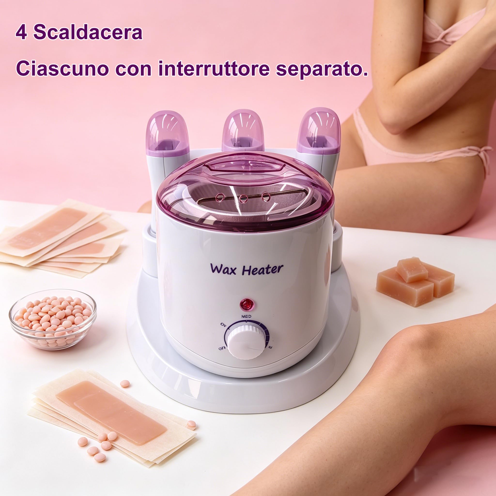 Scaldacera professionale 4 in 1, Scalda Cera per Ceretta 800 ml + 3 Ceretta Rullo 100 g con interruttori indipendenti, Kit Ceretta adatto alla depilazione completa del corpo (Rosa)