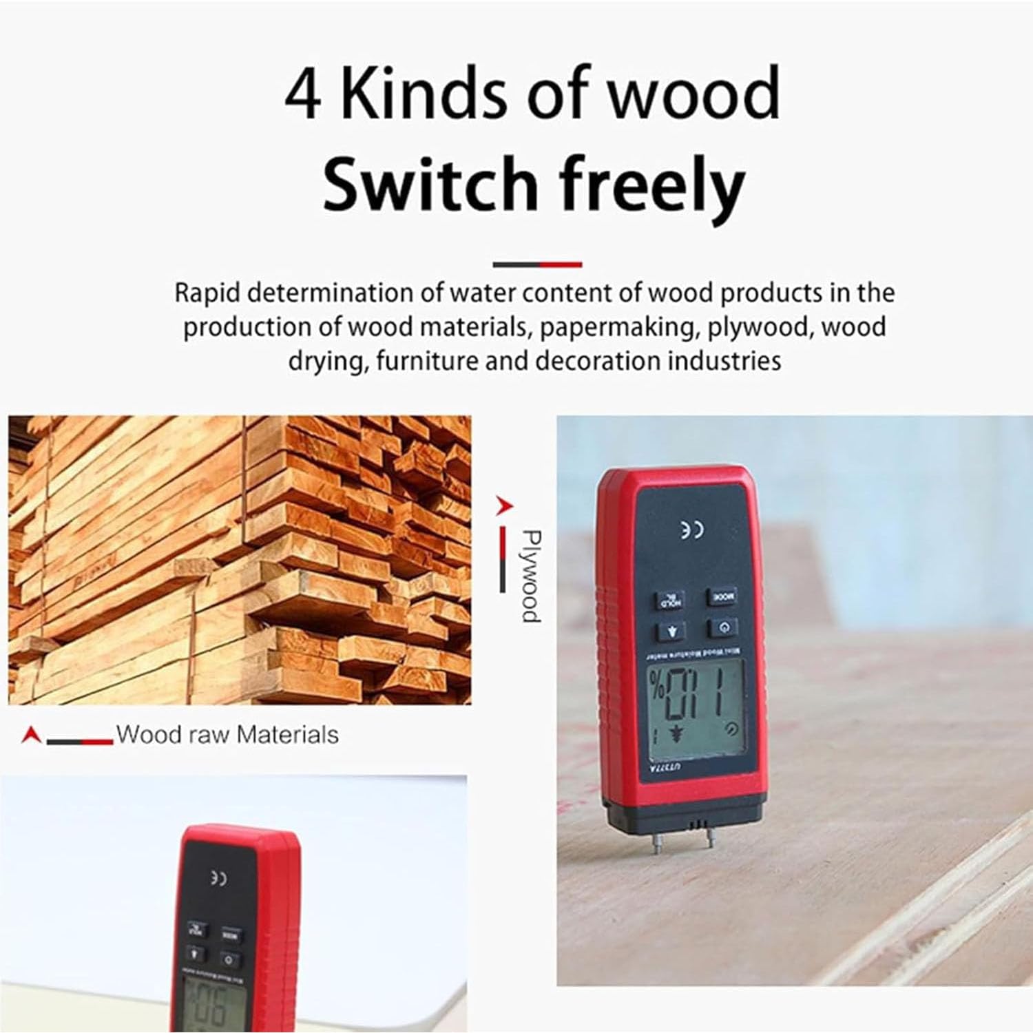 Digitaler Holzfeuchtetester, Feuchtigkeitsmessgerät mit LCD-Hintergrundbeleuchtung, schnelle Messung in 2 Sekunden, Holzfeuchtemessung: 2–40%, für Holz, Bretter und Möbel