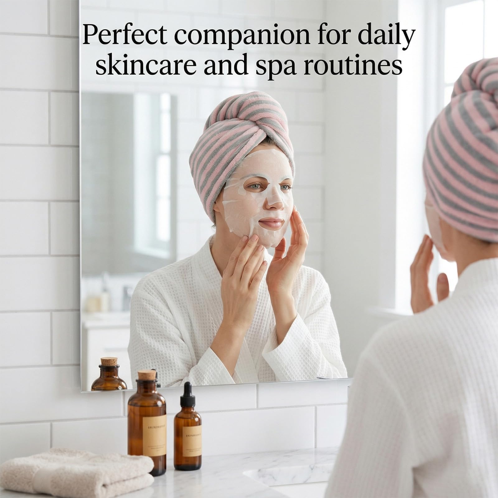 Toalla turbante suave para el cabello, toalla de secado de pelo, botón para absorber el cabello de secado rápido, turbante de microfibra para el cabello largo y rizado para mujer (gris y rosa) — view 6