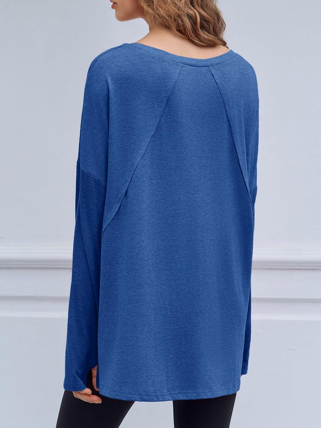 Fisoew Womens Long Sleeve Workout Tops Oversized Activewear Tunic V Neck Atheletic Yoga Shrits with Thumb Holes - Image 4