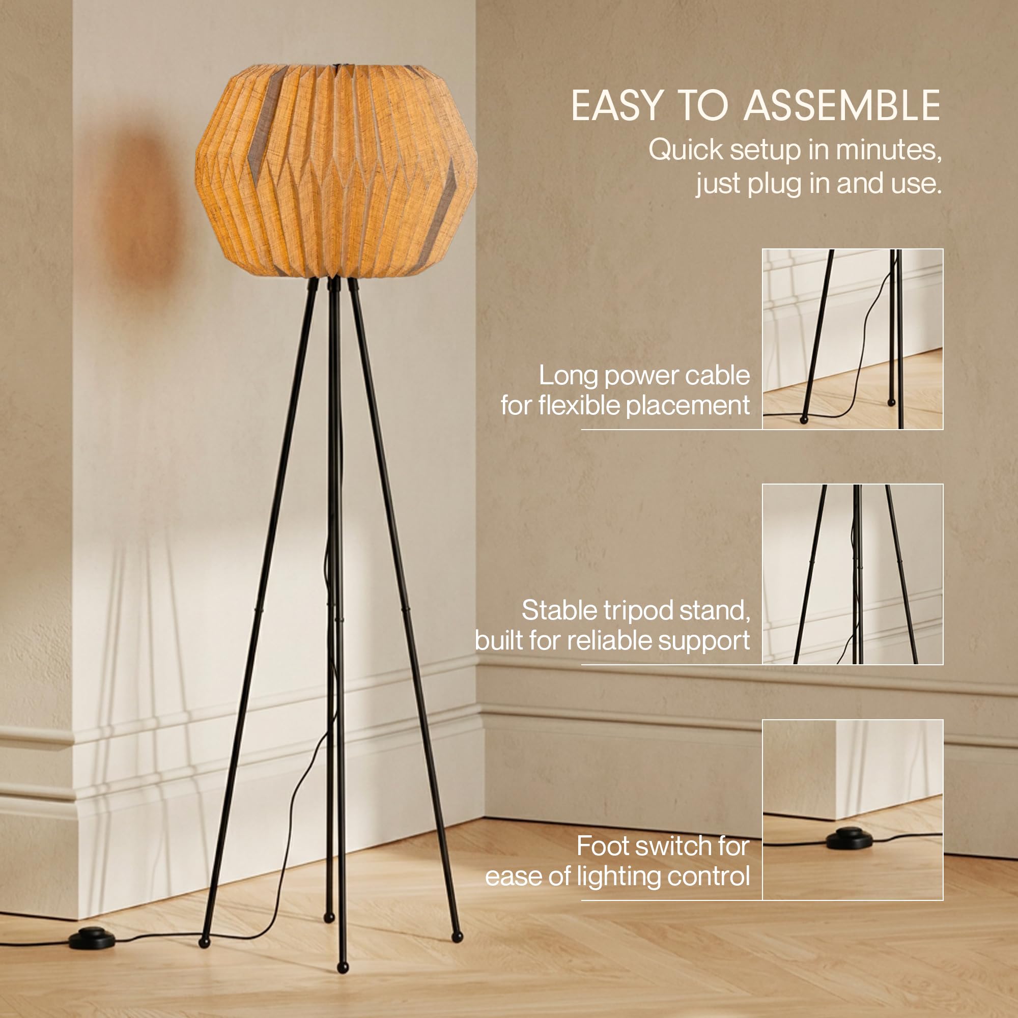 FIG Living Lifo Linen Floor Lamp for Living Room Decoration, Bedroom & Home Decor | 120 cm Tall Lamp | Origami-Inspired Lampshade | Knock-Down Tripod Stand (Bulb not Included) 1