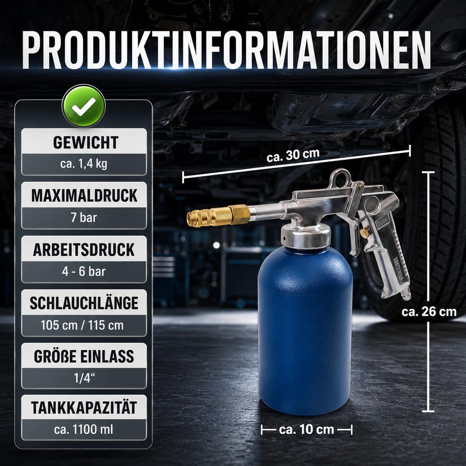 TRUTZHOLM Druckbecherpistole mit 1100 ml Tank aus robustem Stahl 4-6 bar 1/4" Lufteinlass Hohlraumpistole zur Hohlraumversiegelung Unterbodenschutz inkl. Schläuche Hakendüse Runddüse