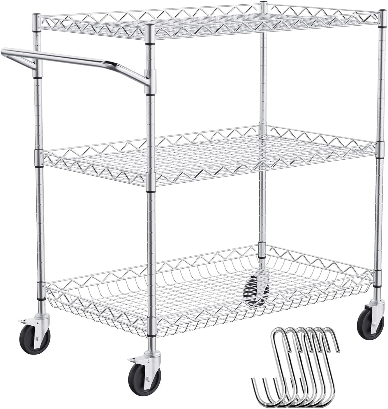 3 Tier Wire Rolling Kitchen Utility Cart, 661 LBS Capacity Steel Storage Trolley, 80mm Deep Baskets, Curved Handle & 6 Hooks, Mobile Service Table on Wheels