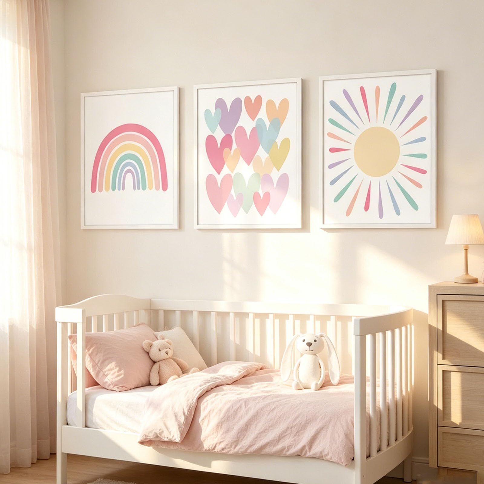 JORCEDI 3pcs Rainbow & Hearts Poster Set for Girls' Bedroom, Pink Canvas Wall Art for Nursery & Kids' Room, Unframed Wall Décor (40 * 50cm)