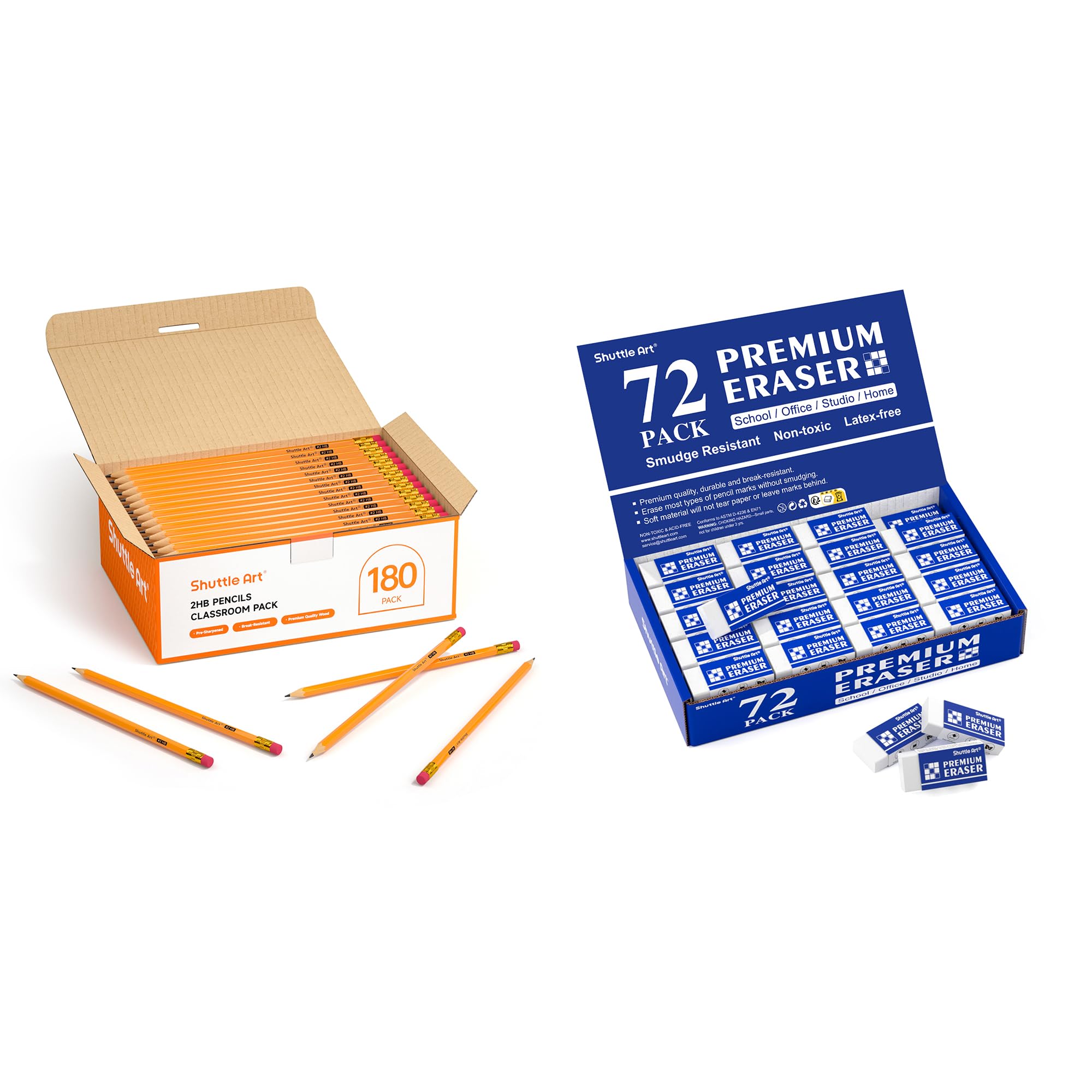 Shuttle Art 180 Pack Crayon Papier HB #2 et 72 Pièces Gomme Blanche Idéal pour le Dessin, le Croquis à l’Ecole et au Bureau Fourniture Scolaire pour Etudiants