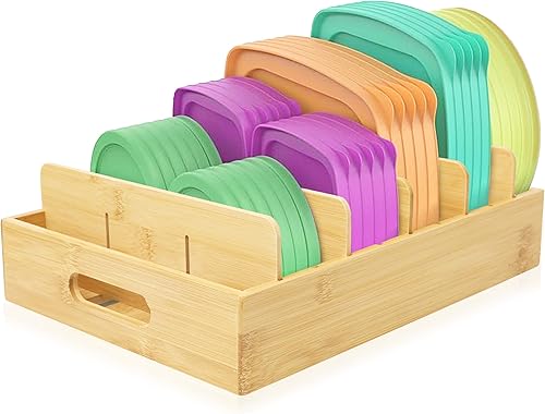 RoyalHouse Organizador de tapa de contenedor de alimentos de bambú con divisores ajustables, caja para almacenamiento y organización de cocina