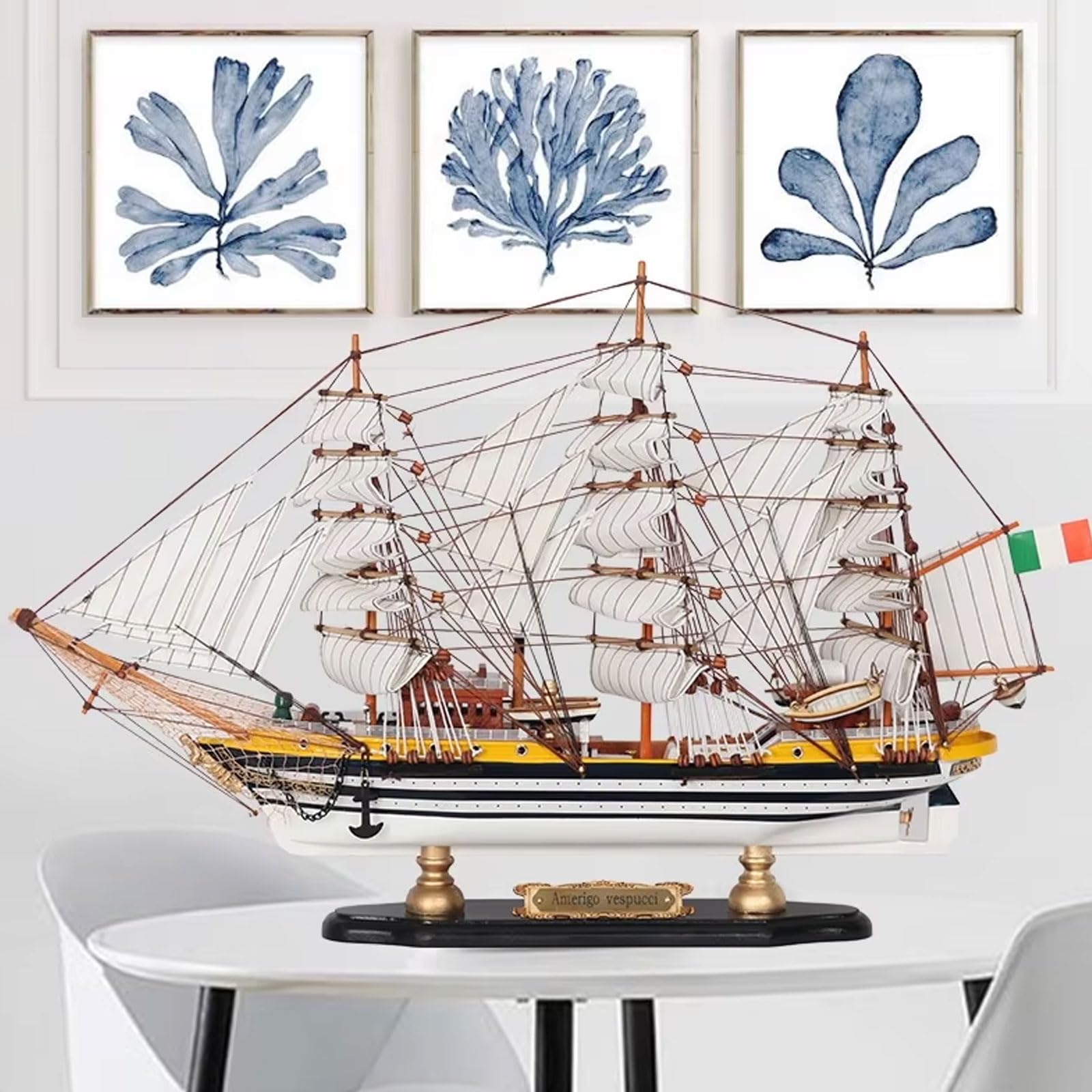 YLME Modellino Di Nave in Legno 65 cm Modello Di Barca A Vela in Legno Massello Amerigo Vespucci Ornamenti Nautici in Legno Completamente Assemblati Collezione Per La Decorazione Della Casa