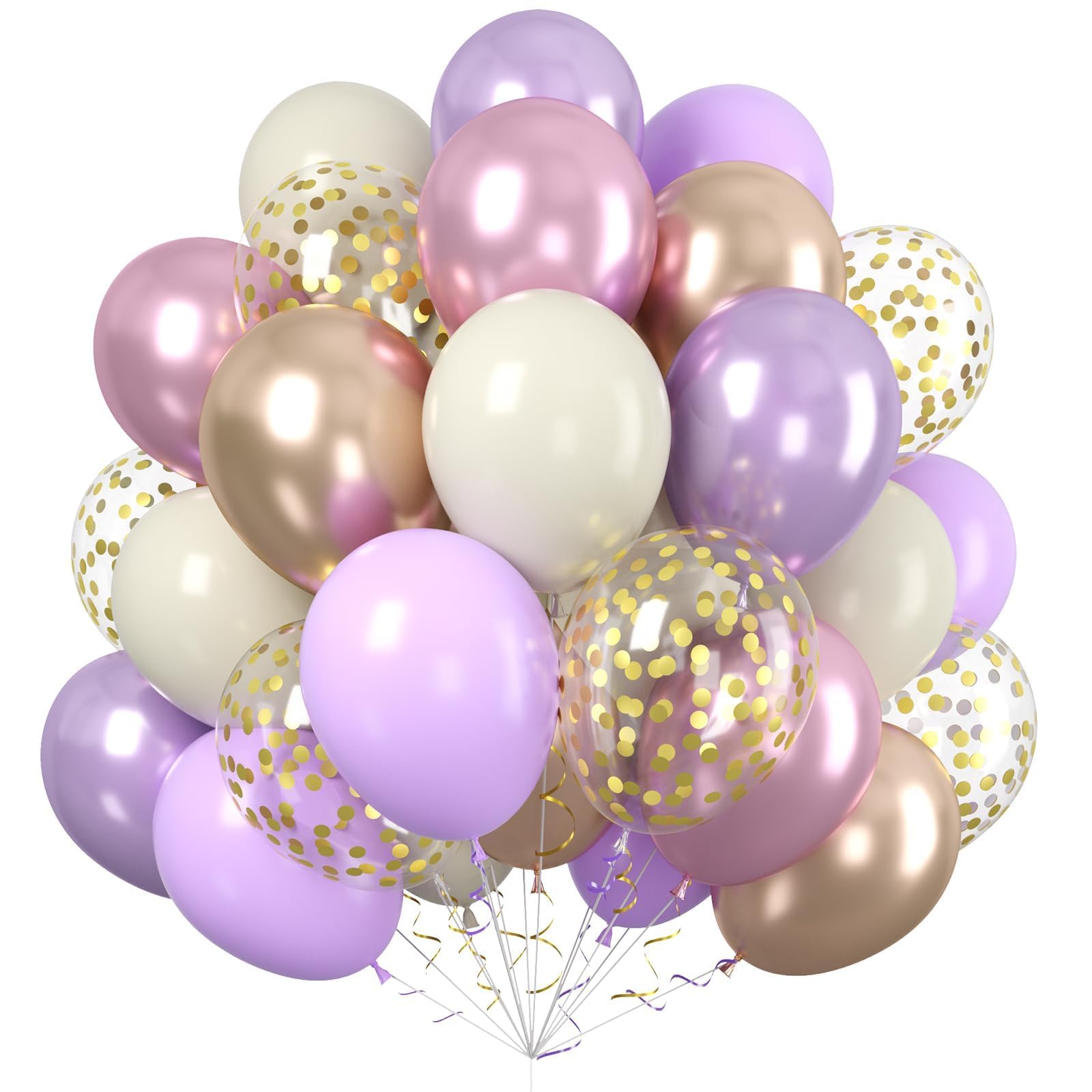 Paready 60pcs Metallic Gold Purple Balloons Set, 12 Inch Pastel Purple Champagne Gold White Confetti Balloons for Lavender Boho Birthday Bridal Shower