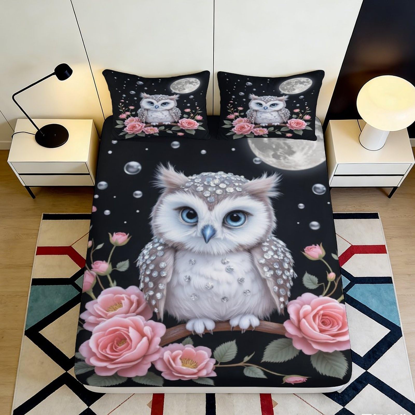 3D Printed Owl Floral Fitted Sheet Microfiber Soft Breathable Moonlight Bed Cover for Bedroom Dormitory Guest Room Mattress Protection Decor 160x200x25cm