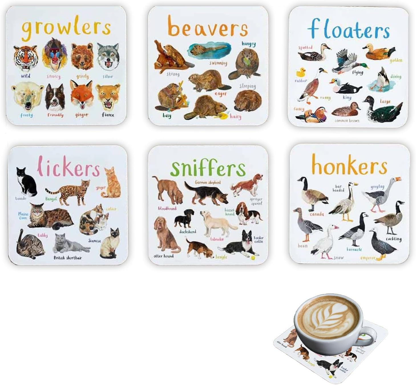 Funny Animal Coasters Set of 6, Wooden Coasters Mdf with Non Slip Cork