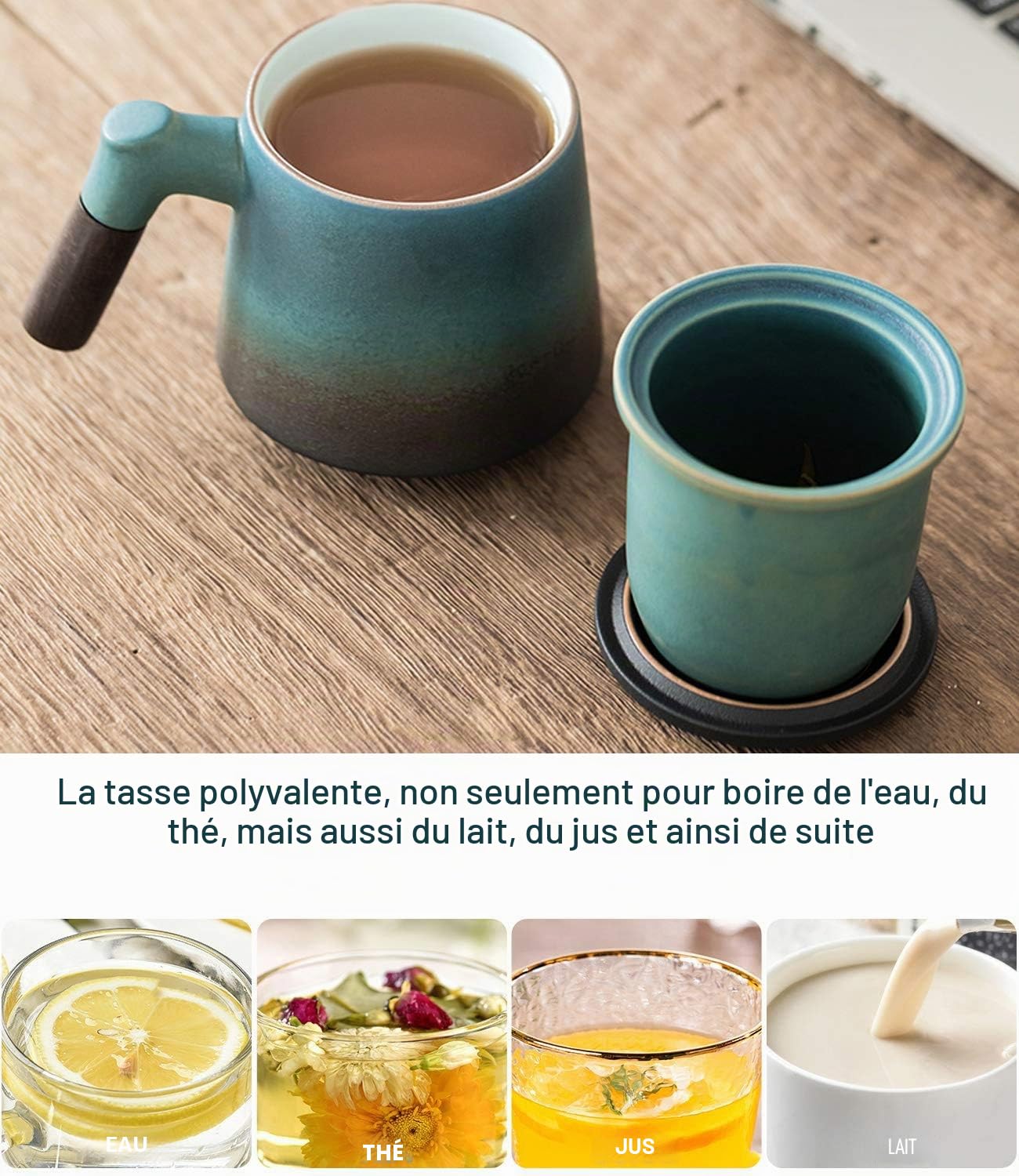 Coupe de thé en céramique avec filtre et couvercle Tasse à thé Poignée en bois 350ml,Noir