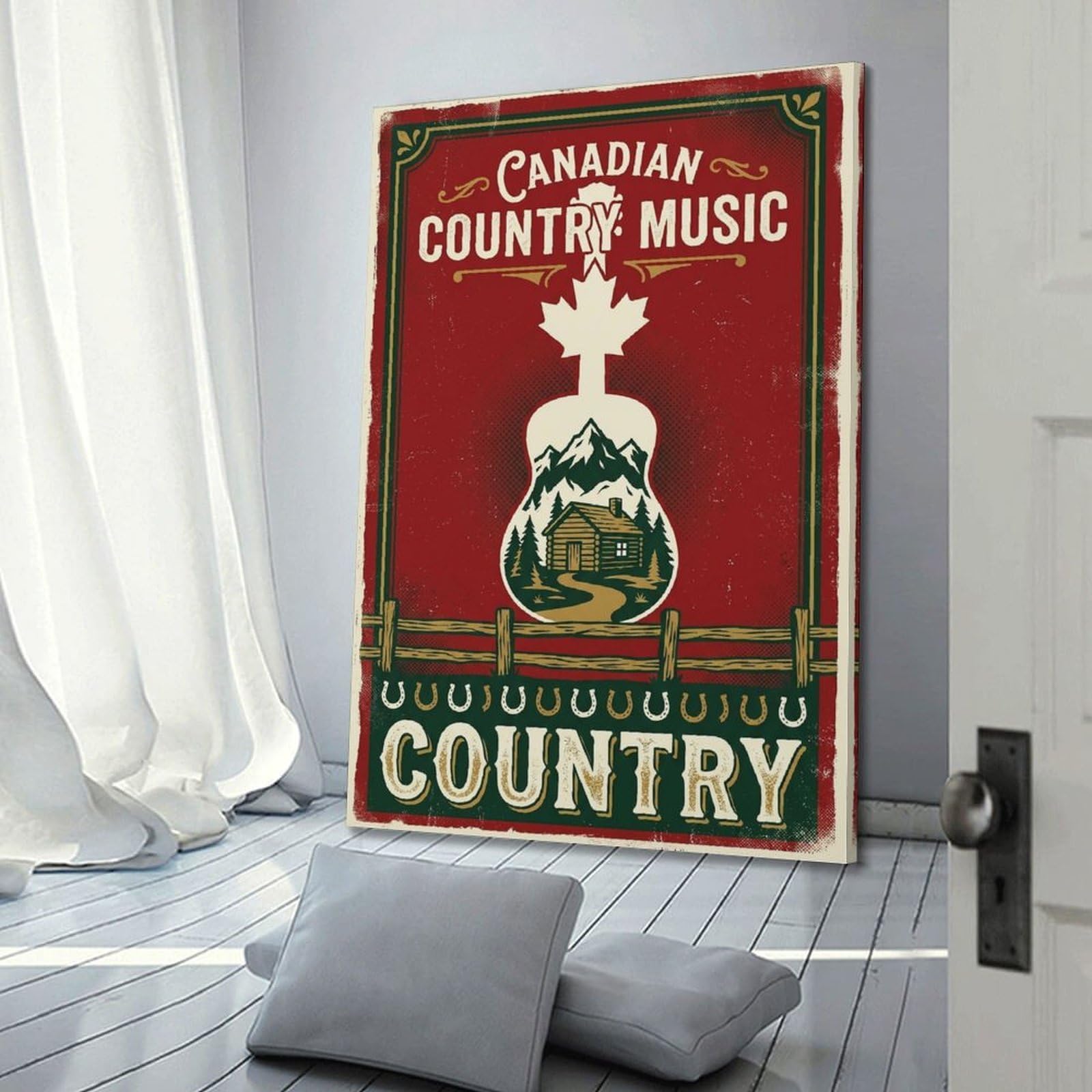 XKUGA Poster con stampa su tela, stile retrò, motivo: foglia d'acero e chitarra, musica country canadese, moderna, decorativa, decorazione artistica da parete per famiglia, grotta degli uomini, sala