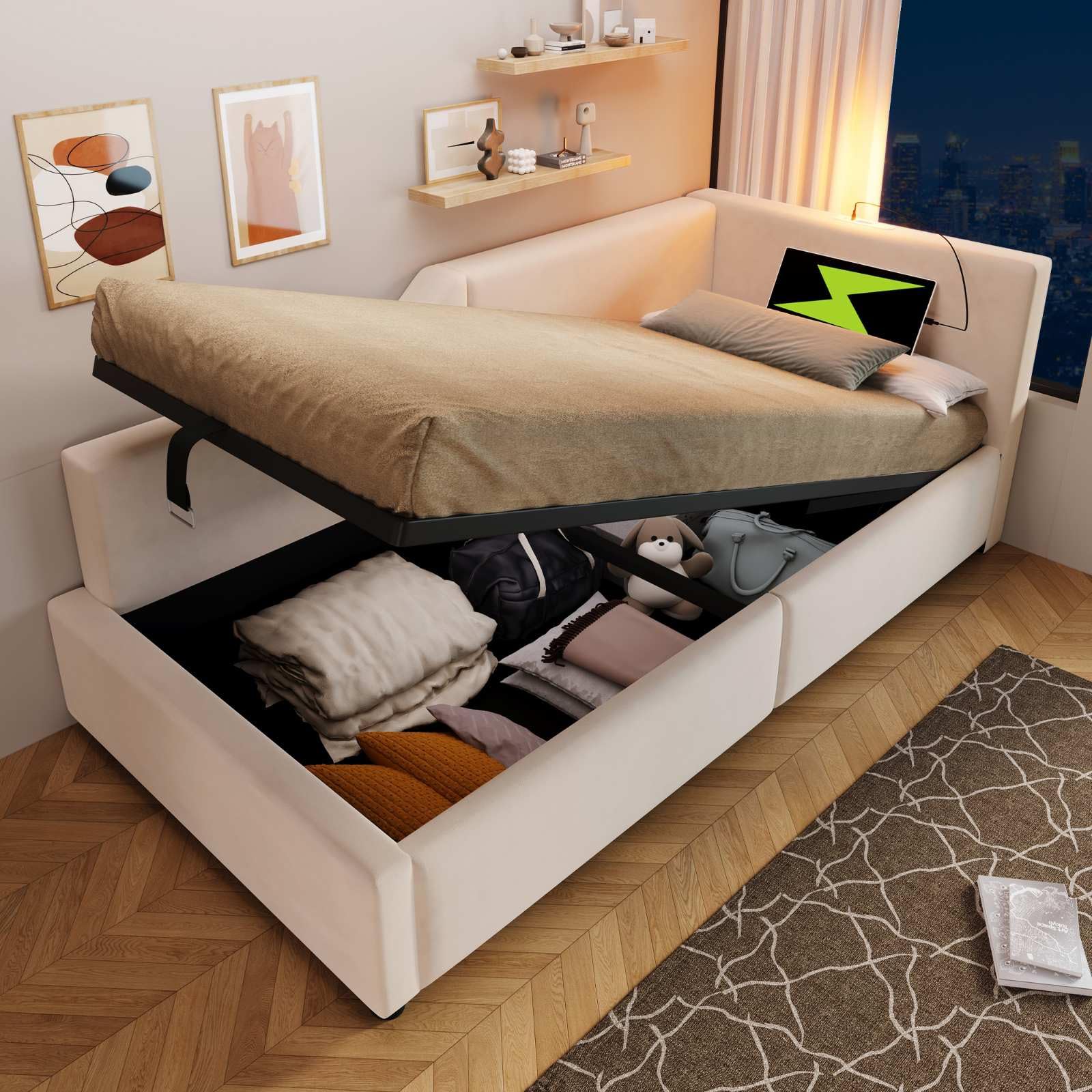 KOMHTOM Lit de Jour Rembourré avec Rangement Hydraulique Canapé-lit avec Fonction Liseuse et Fonction Chargeur USB-C Modernité Chambres à Coucher(sans Matelas) (Beige, 90x190cm)