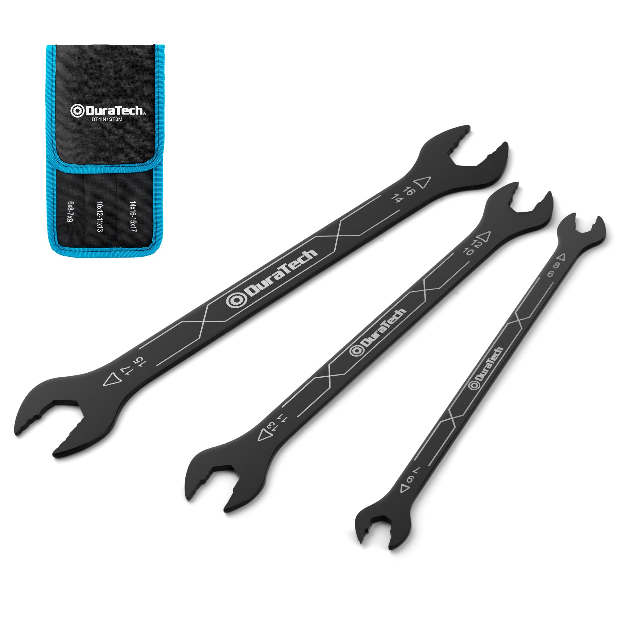 DURATECH 3-Piece 4-in-1 Super Thin Open End Spanner Set 6-17 mm, 12 Metric Size, Ultra-Slim Wrench Set for Tight Spaces and Thin Nuts, Durable Anti-Rust Coating, with Roll-up Pouch