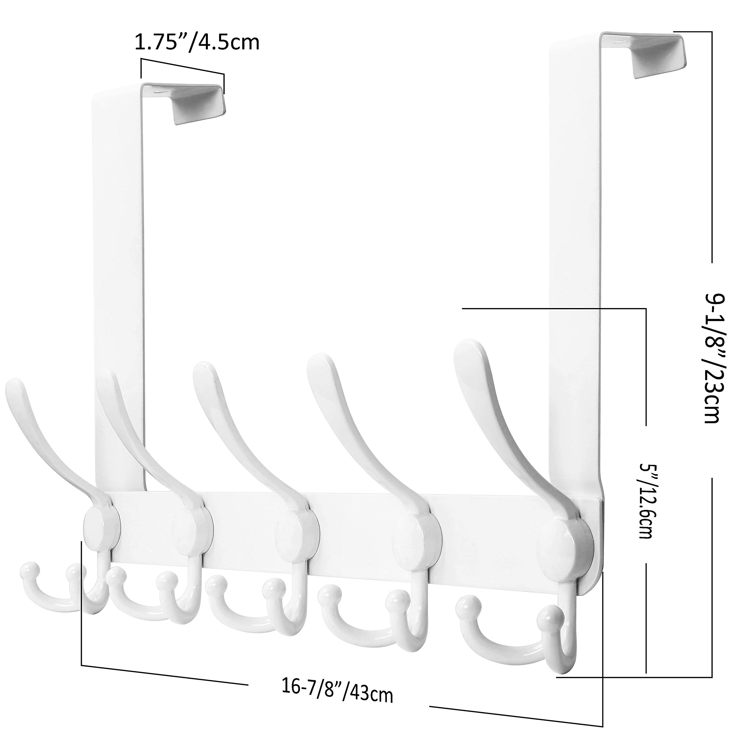 SKOLOO Over The Door Hook - for Doors up to 1-3/4'' Thickness, Pack of 2, Metal Door Hanger with 5 Triple Hooks, Over The Door Hanger for Coats, Hats,Towels, White