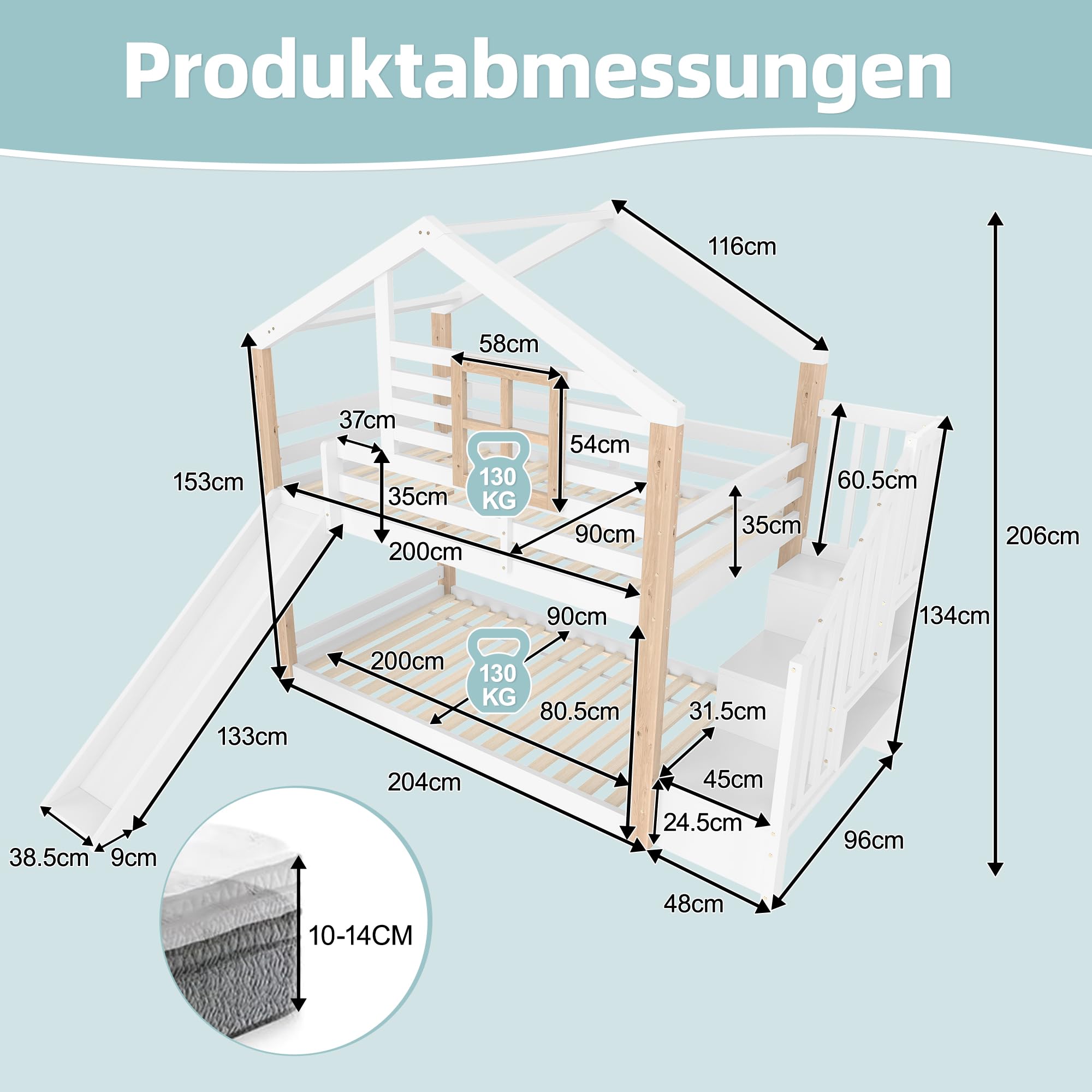 Zepneiy Lit Cabane Enfants 90x200 avec Toboggan et fenêtre, Lit Superposé 2 Places avec Rampe et Espace de Rangement, pour Les frères et sœurs, en Bois Massif Blanc (sans Matelas)