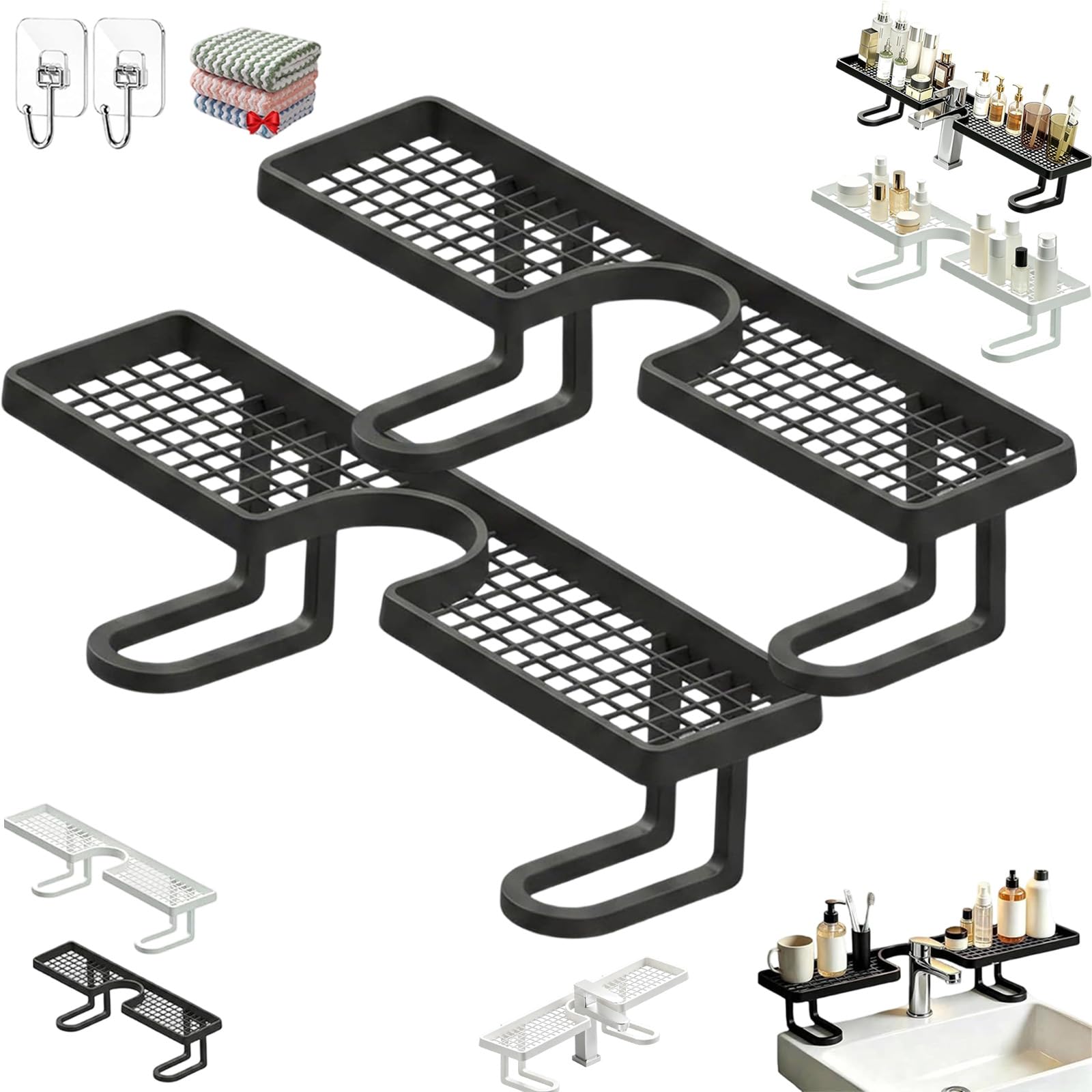 Jmwub Behind the Faucet Sink Organizer, Waterproof & Rustproof No Drill U Shape Shelf, No-Drill Bathroom Countertop Storage Rack for Kitchen, Bathroom, Shower, Space-Saving (2PC-2black)