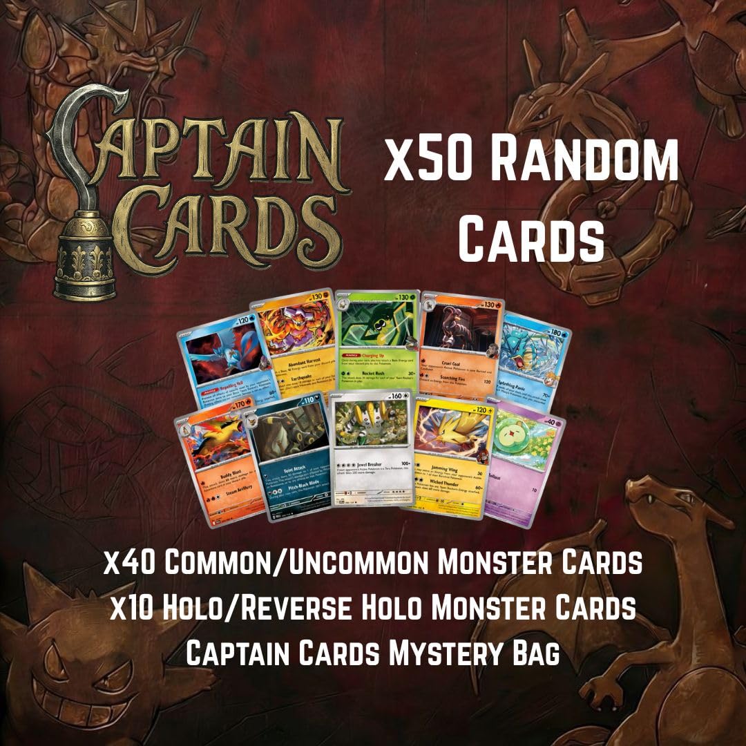 Captain Cards Pokémon Mystery Pack - 50 Genuine Pokémon Cards - 40 Common & Uncommon + 10 Guaranteed Holo - Collectors Bundle