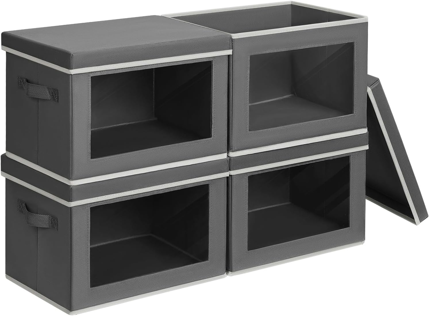 Stackable Storage Bins with Lids - Medium Storage Box with Lids, Foldable Closet Boxes for Organizing, Wardrobe Clothes Organizer with Window, Cubes Bins for Living Room, 4 Pack, Dark Grey