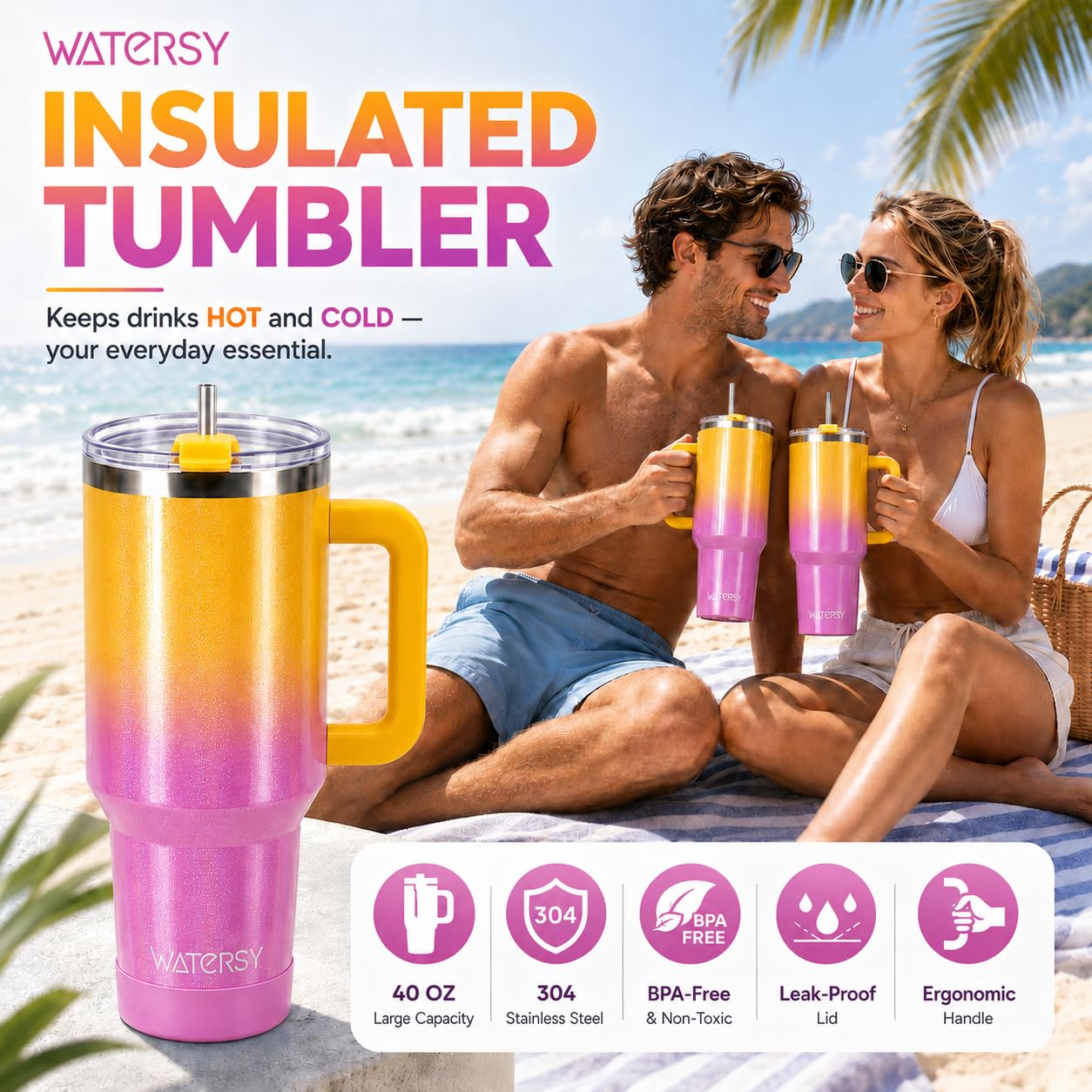 Taza térmica Watersy de 40 oz con asa y pajita, taza de café de doble pared de acero inoxidable para llevar (mantiene el frío 34 horas), vaso al vacío para té, bebidas frías y café (degradado