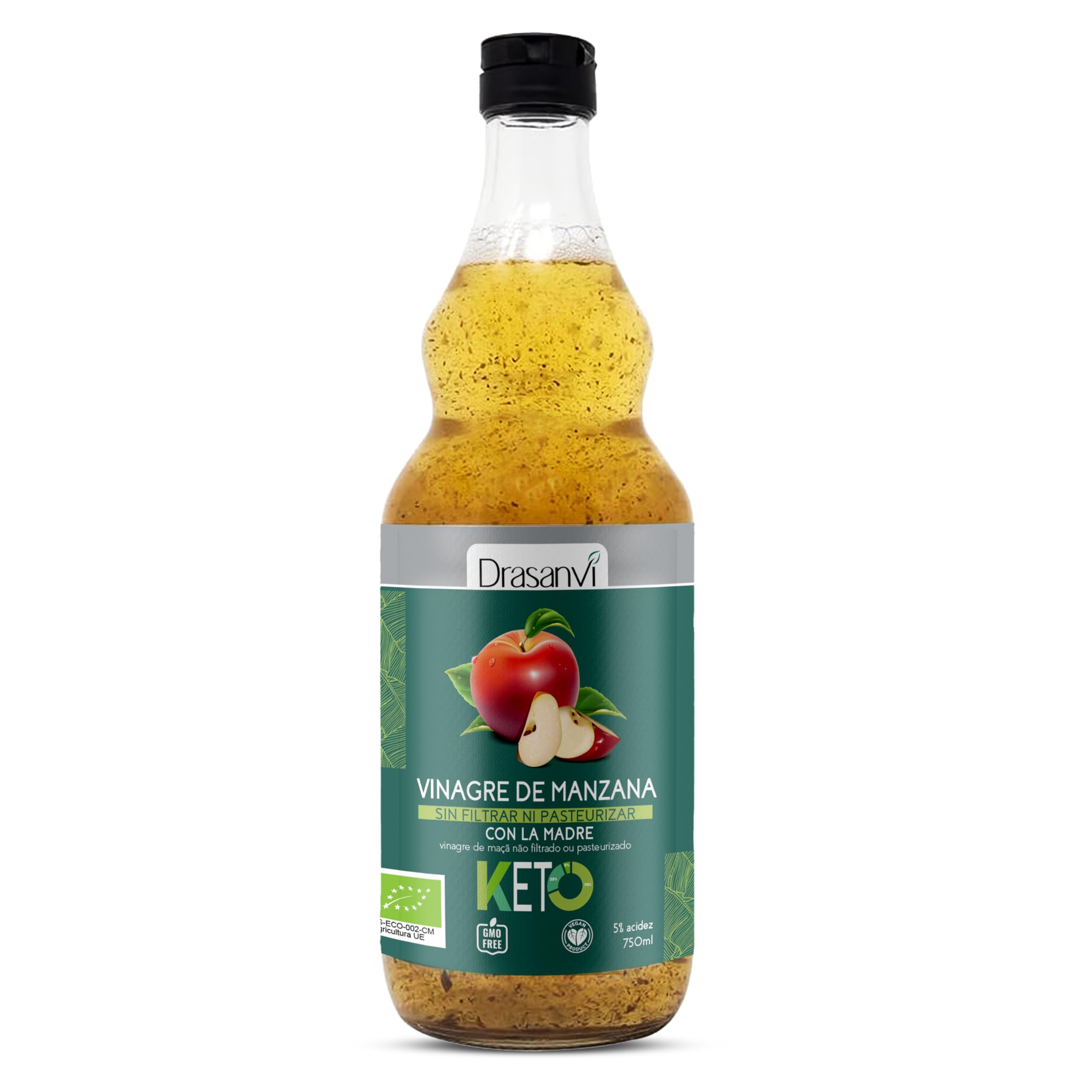 DRASANVI VINAGRE DE MANZANA MADRE SIN FILTRAR CERTIFICADO BIO | Vinagre de sidra de manzana KETO | Apple Cider Vinegar |Manzanas ecologicas | VEGANO - SIN GLUTEN - 75cl